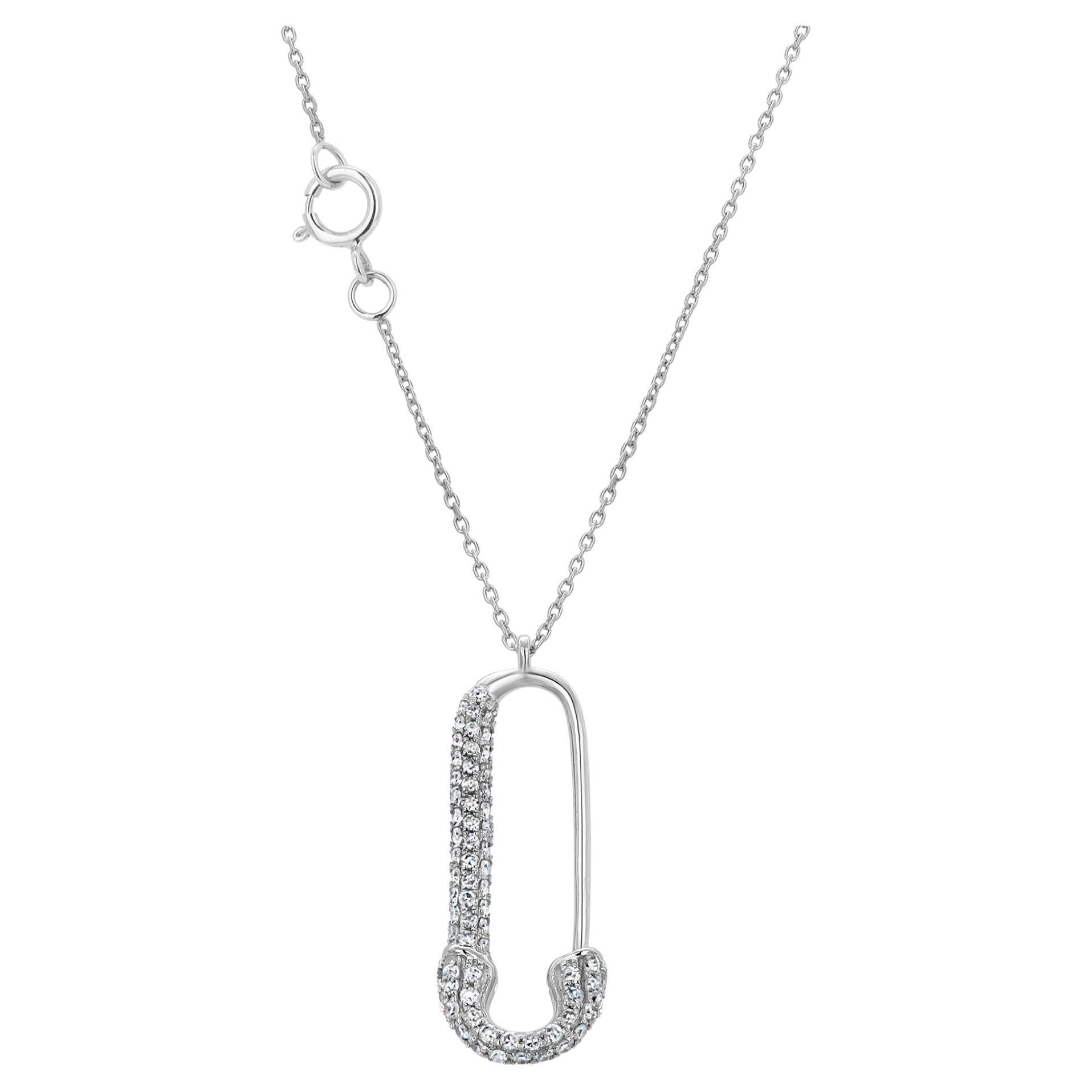 14K White Gold Diamond Safety Pin 0.20 Carats 0.78 Inch  Necklace 18 Inch