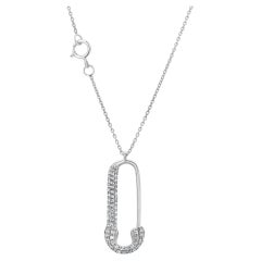 14K White Gold Diamond Safety Pin 0.20 Carats 0.78 Inch Necklace 18 Inch