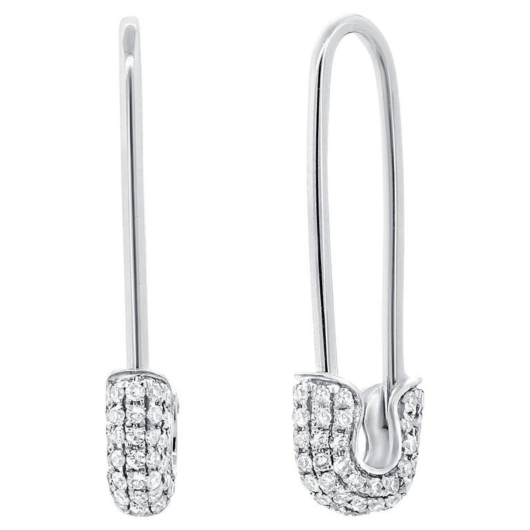 14K White Gold Diamond Safety Pin Earrings for Her For Sale at 1stDibs