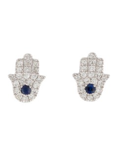 Boucles d'oreilles pour elle en or blanc 14K avec diamants et saphirs Main de Dieu