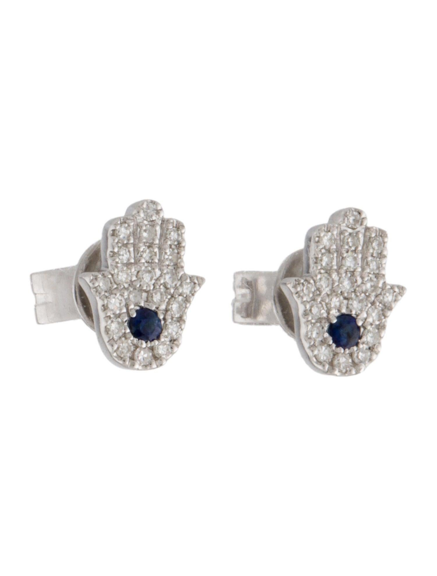Contemporary 14K White Gold Diamond & Sapphire Hand of God Stud Earrings for Her For Sale