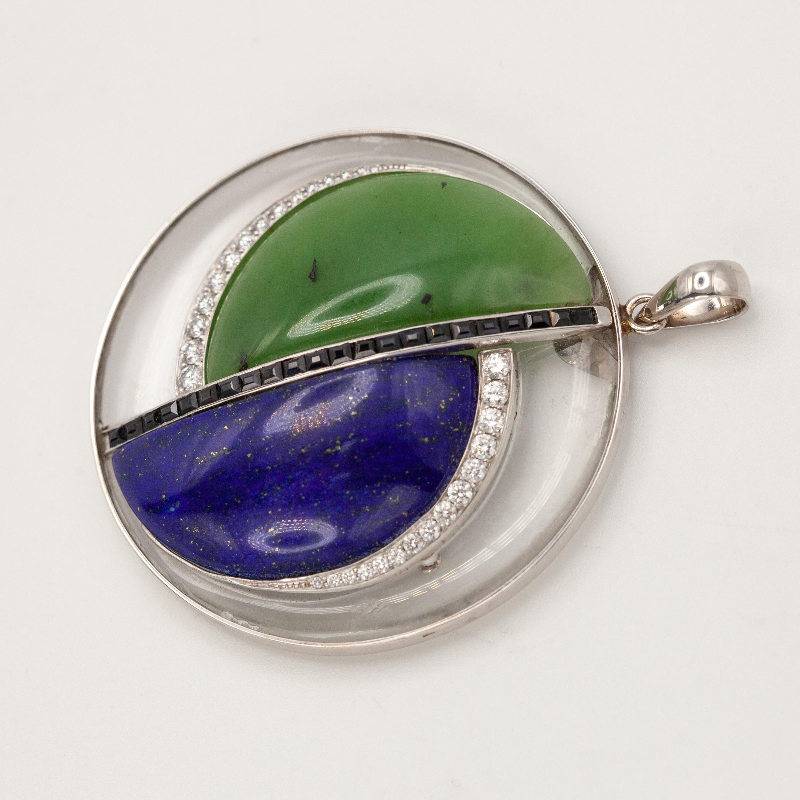 Pendentif en or blanc 14K diamant saphir lapis et cristal de roche néphrite en vente 6