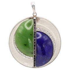 14K Diamond Sapphire Lapis and Nephrite Rock Crystal Circle Pendant