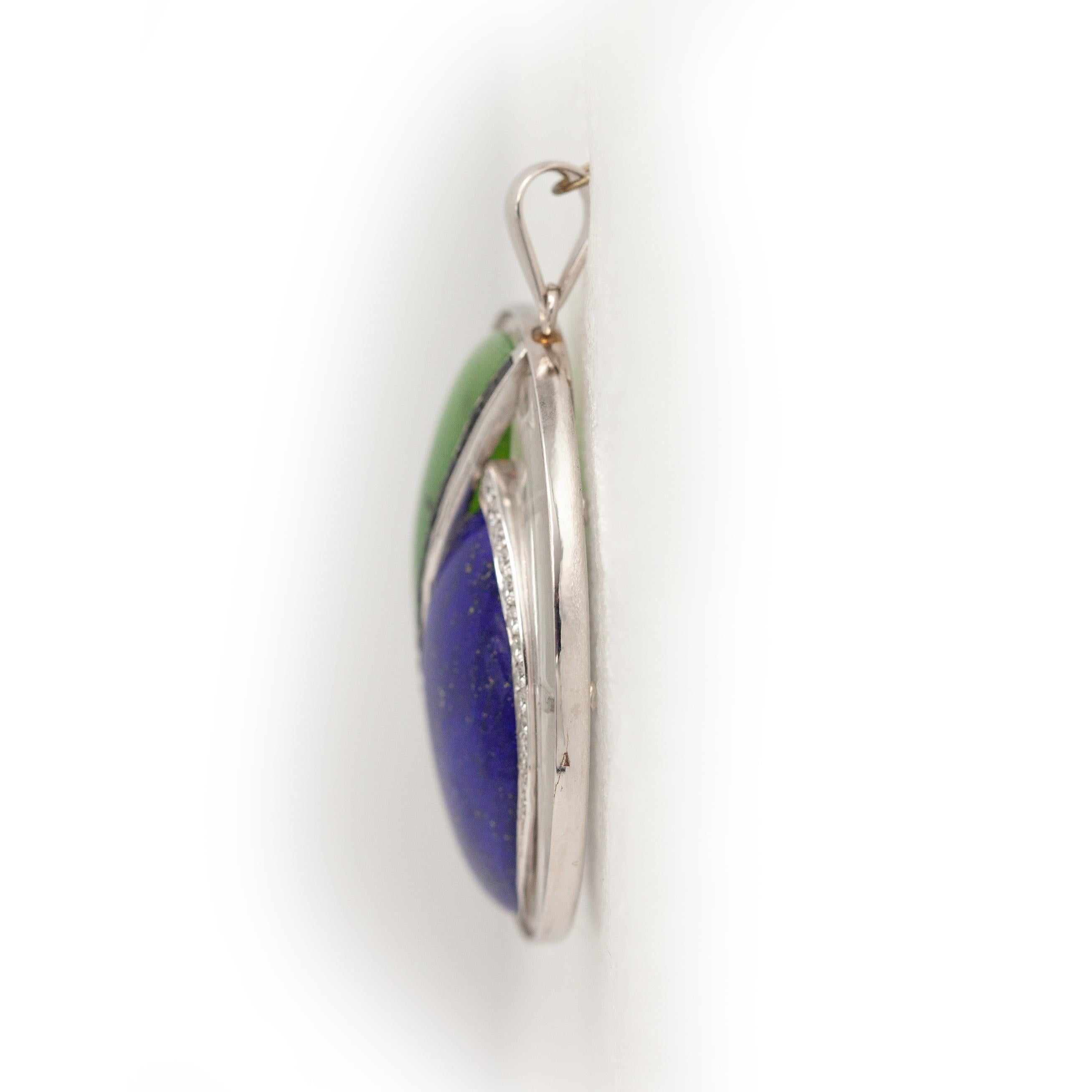 Pendentif en or blanc 14K diamant saphir lapis et cristal de roche néphrite Unisexe en vente