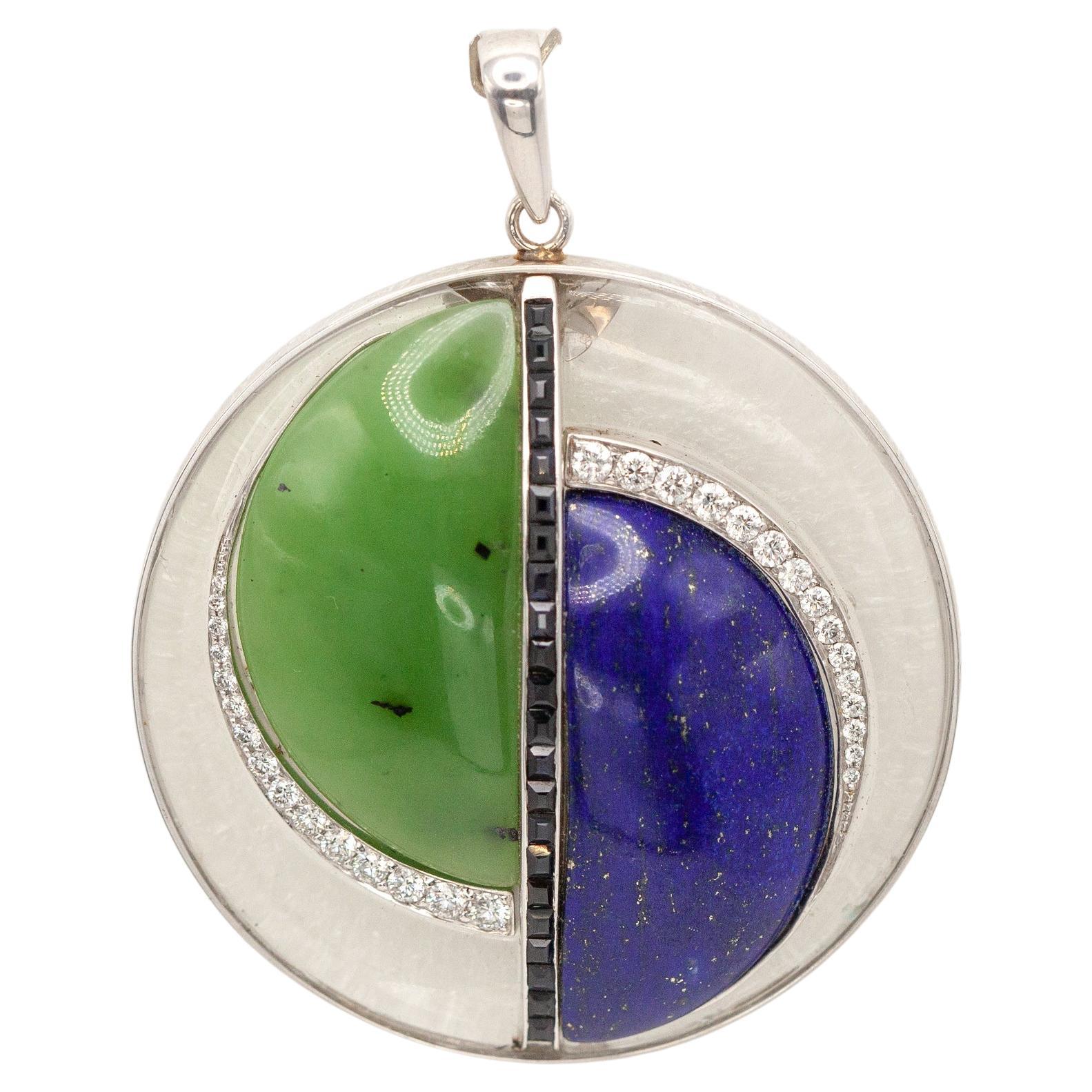14K Diamond Sapphire Lapis and Nephrite Rock Crystal Circle Pendant