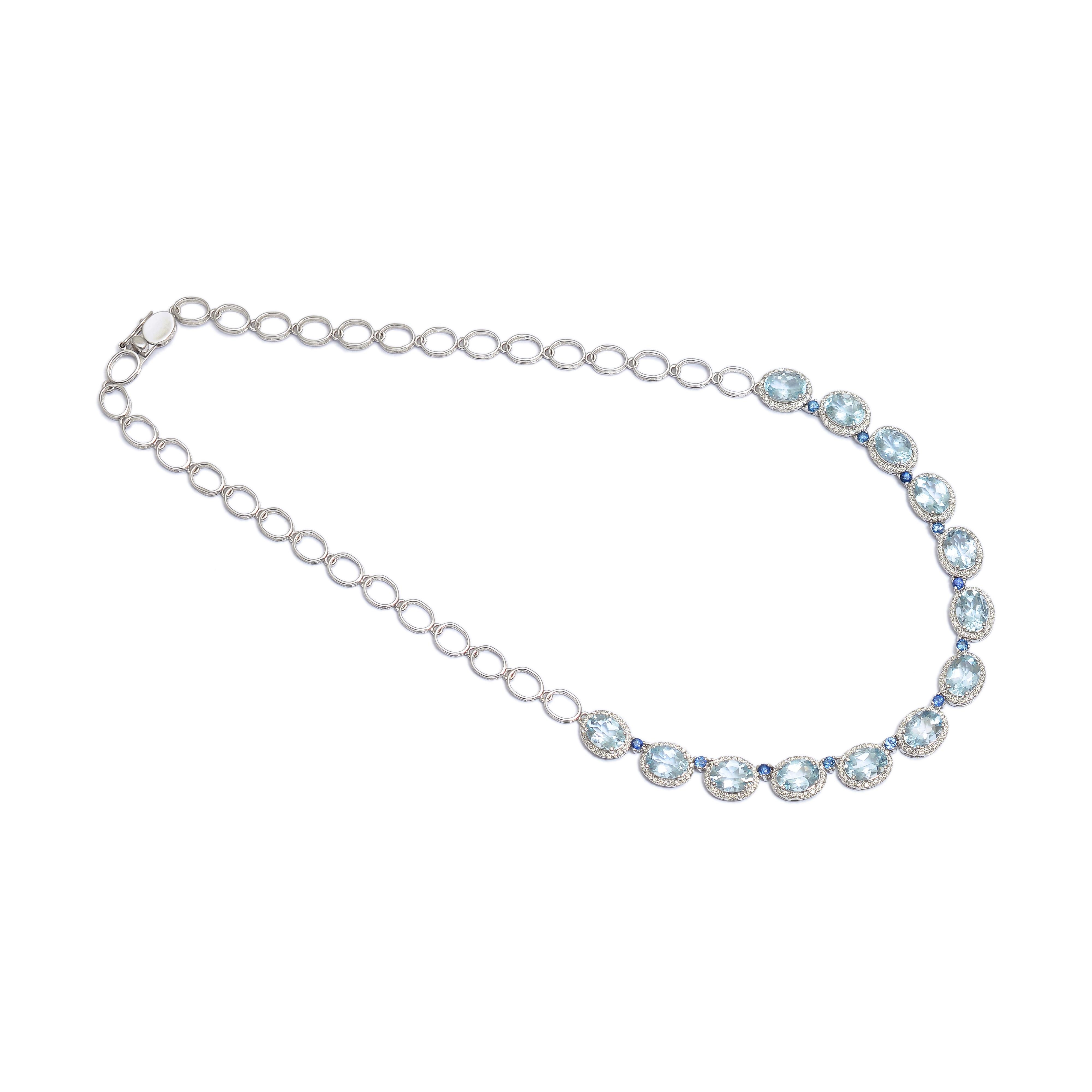  Aquamarin-Halskette mit blauem Saphir und Diamanten aus 14 Karat Gold (Asscher-Schliff)