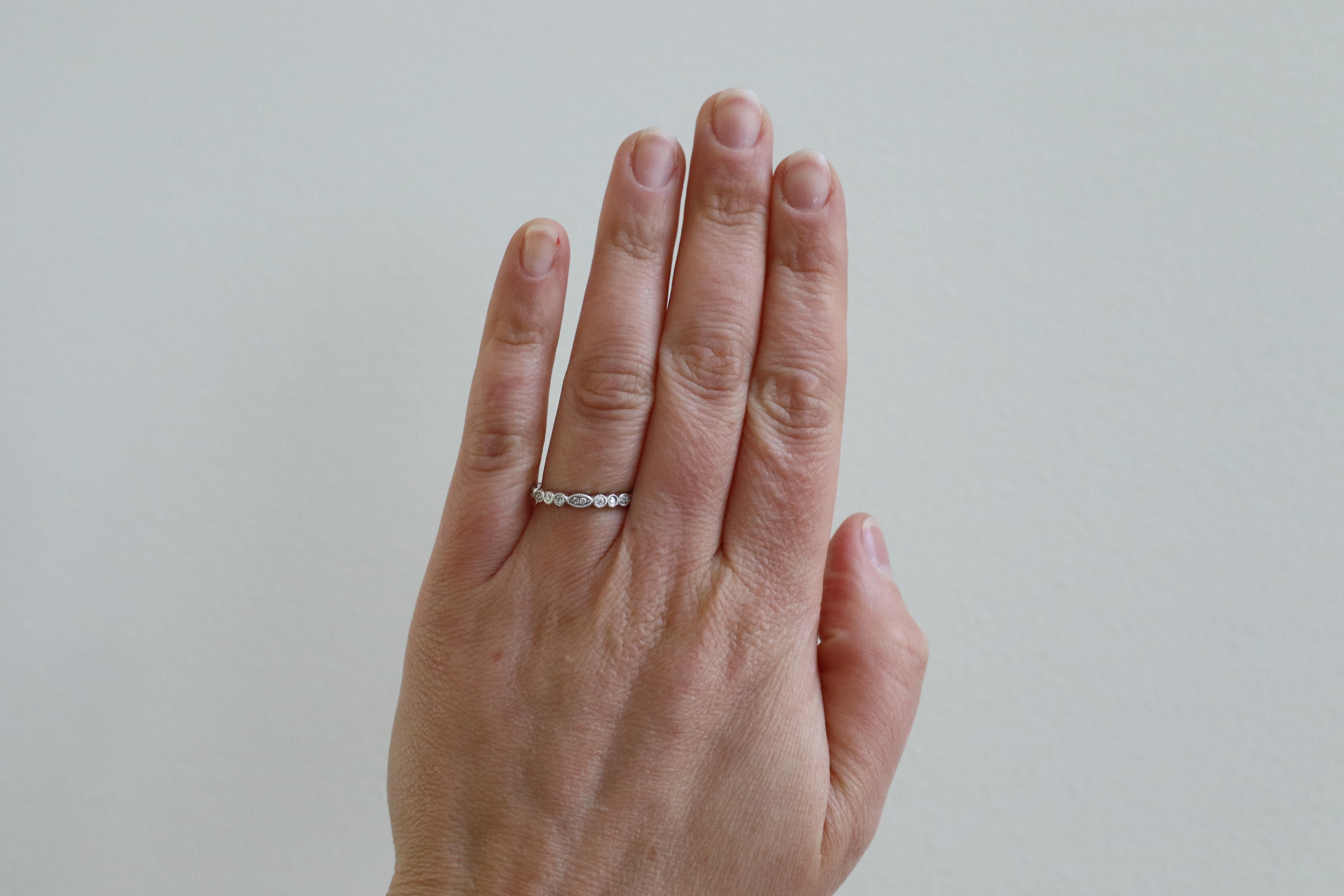 14 Karat White Gold Natural Diamond Scalloped Milgrain Wedding Band Ring For Sale 3