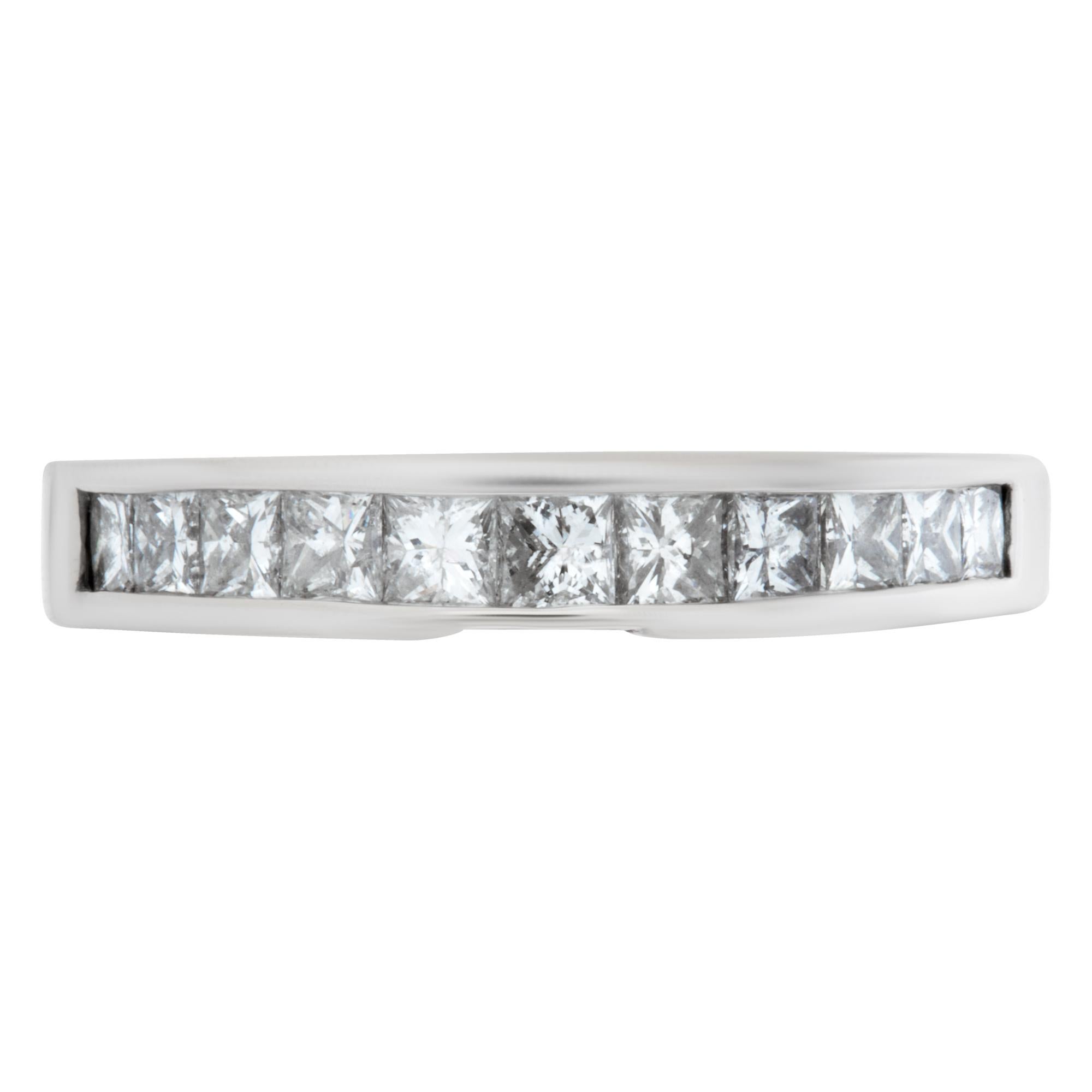 Diamond Semi Eternity Band and Ring in elegant 14k white gold with app. 1 carat in princess cut diamonds. Size 8.This Diamond ring is currently size 8 and some items can be sized up or down, please ask! It weighs 2.3 pennyweights and is 14k White