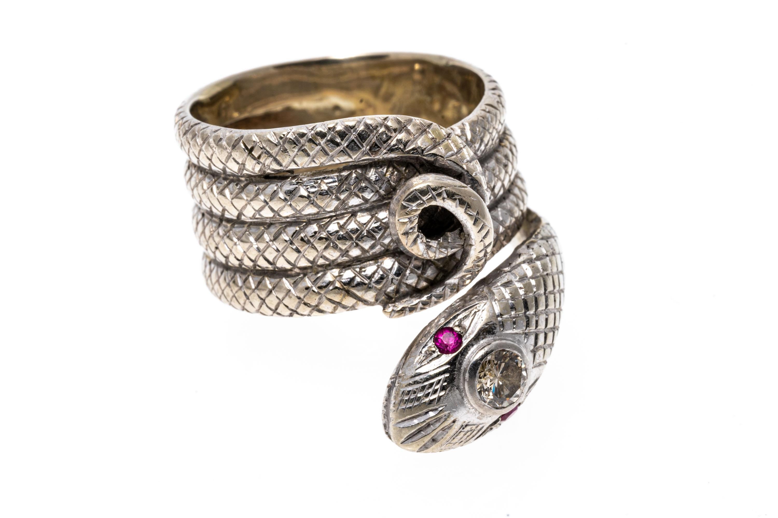Round Cut 14k White Gold Diamond Set Quadruple Coiled Serpent Ring For Sale