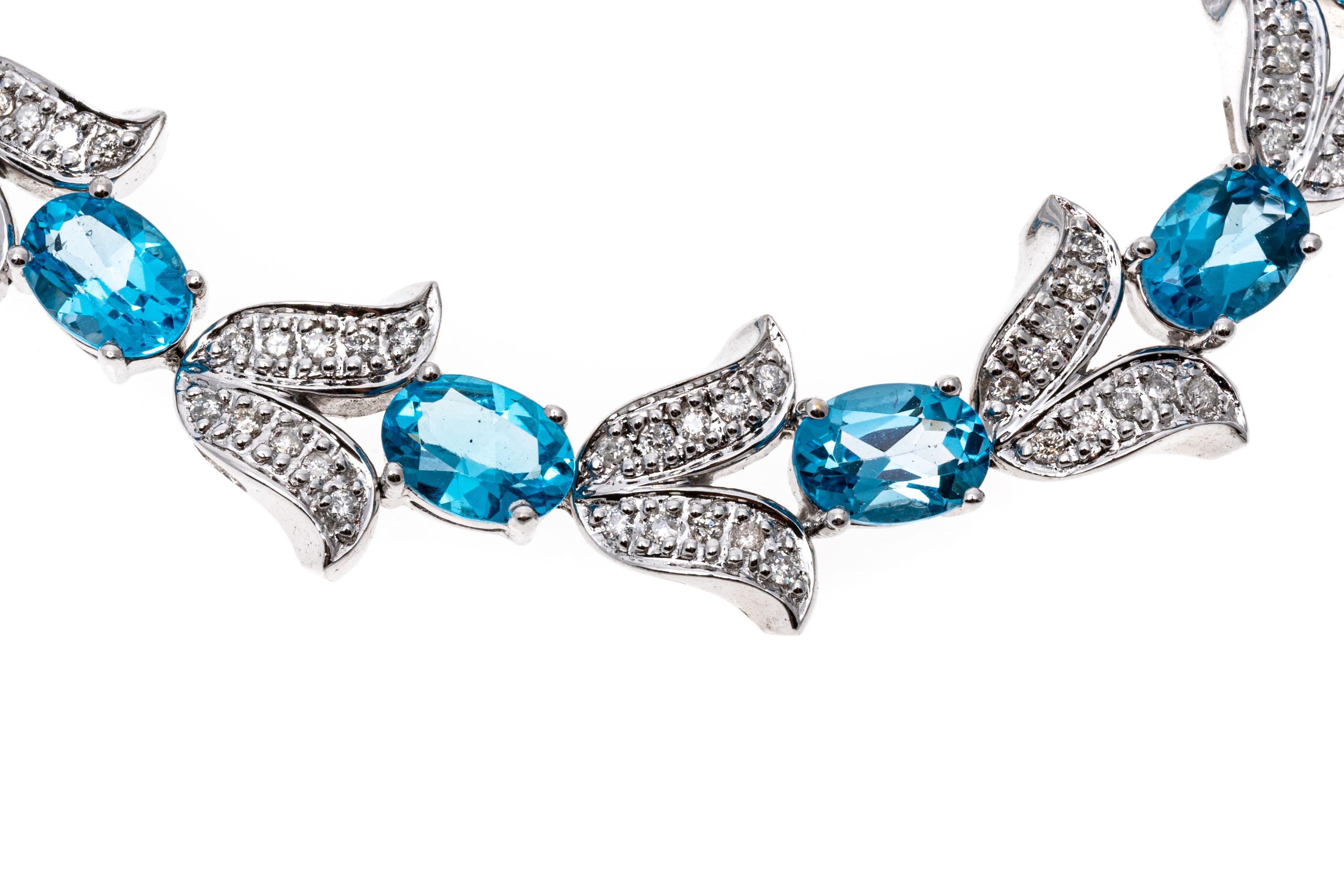 Women's 14k White Gold Diamond Set Tulip And Blue Topaz Link Bracelet For Sale