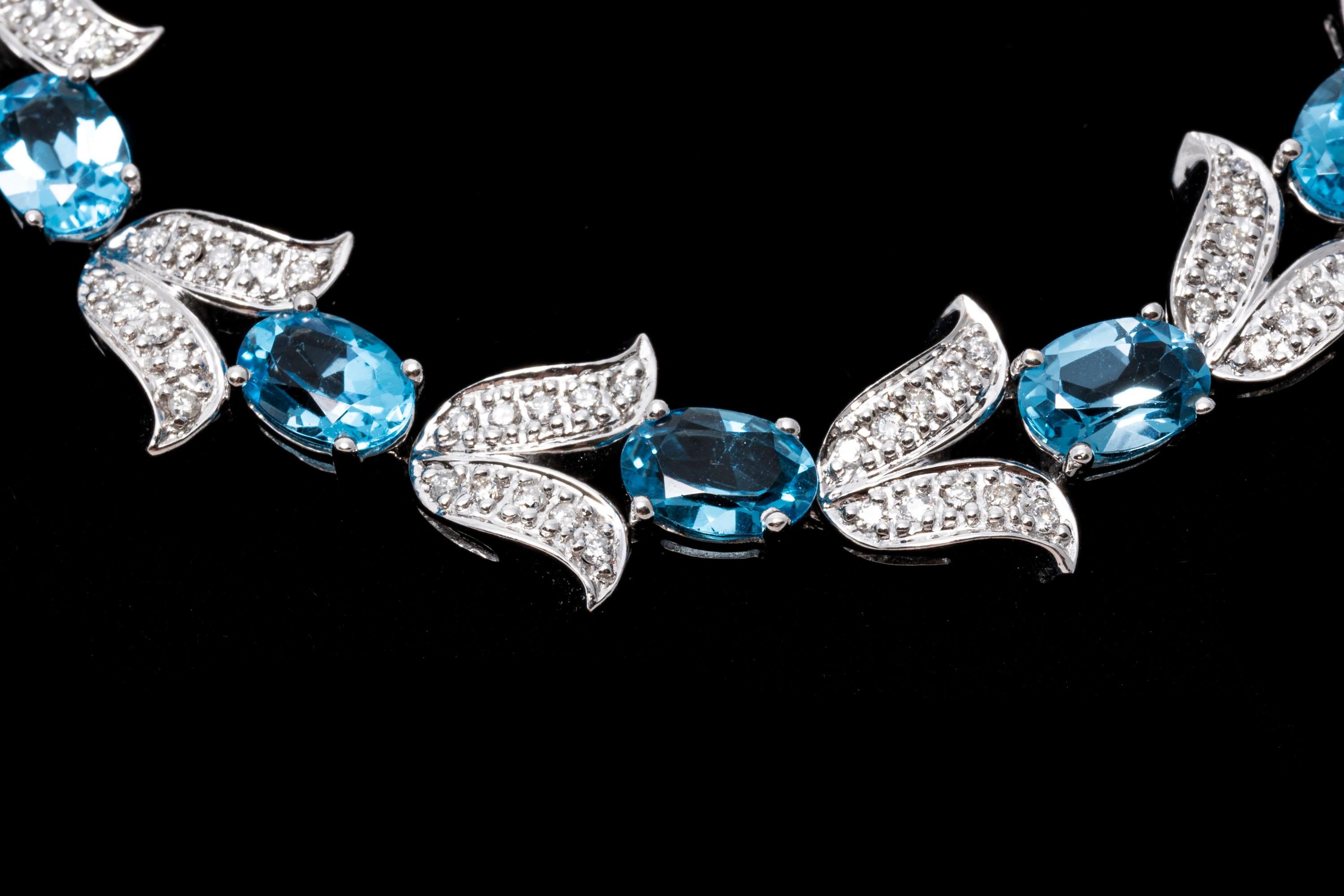 14k White Gold Diamond Set Tulip And Blue Topaz Link Bracelet For Sale 1
