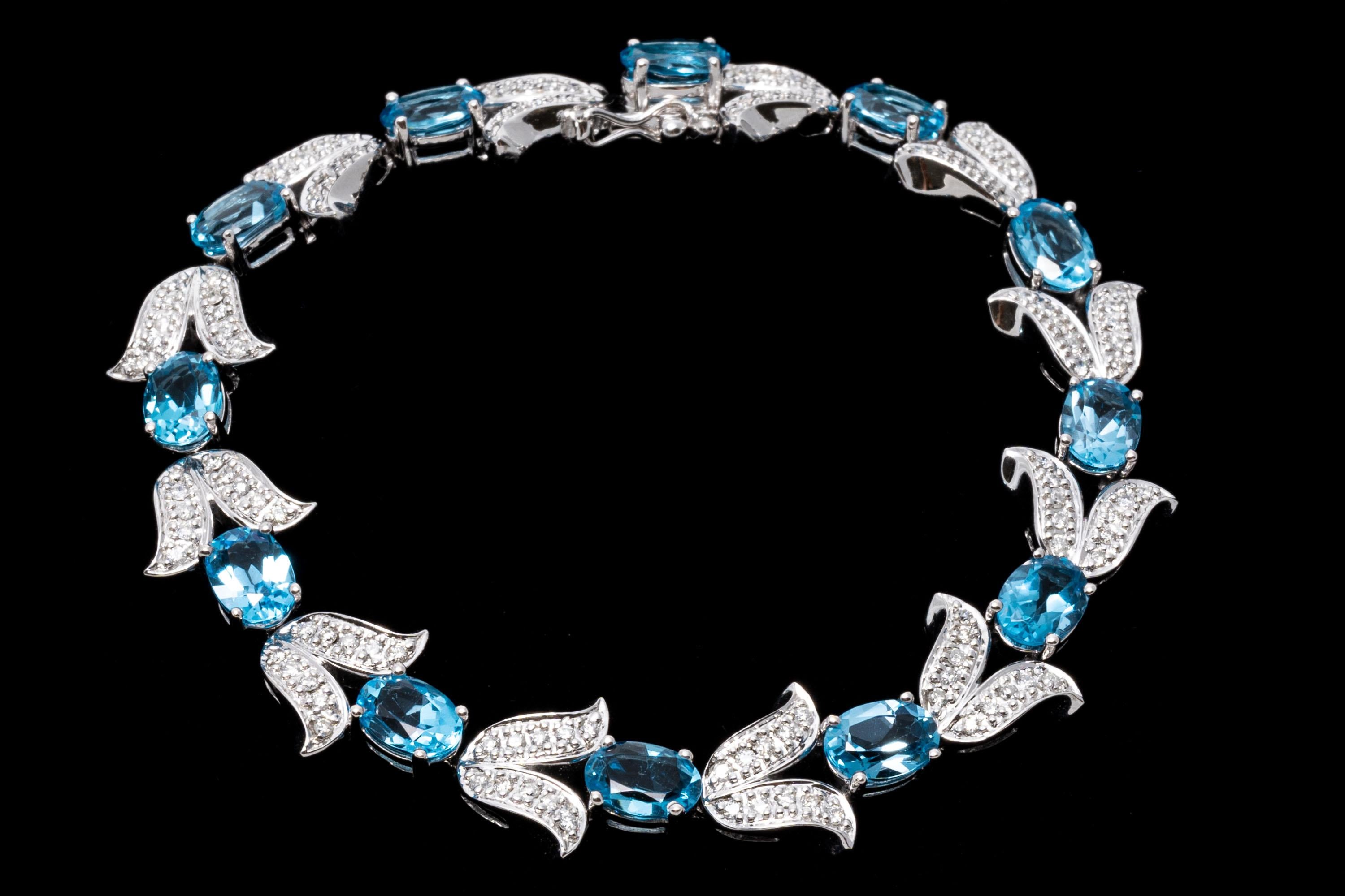 14k White Gold Diamond Set Tulip And Blue Topaz Link Bracelet For Sale 2