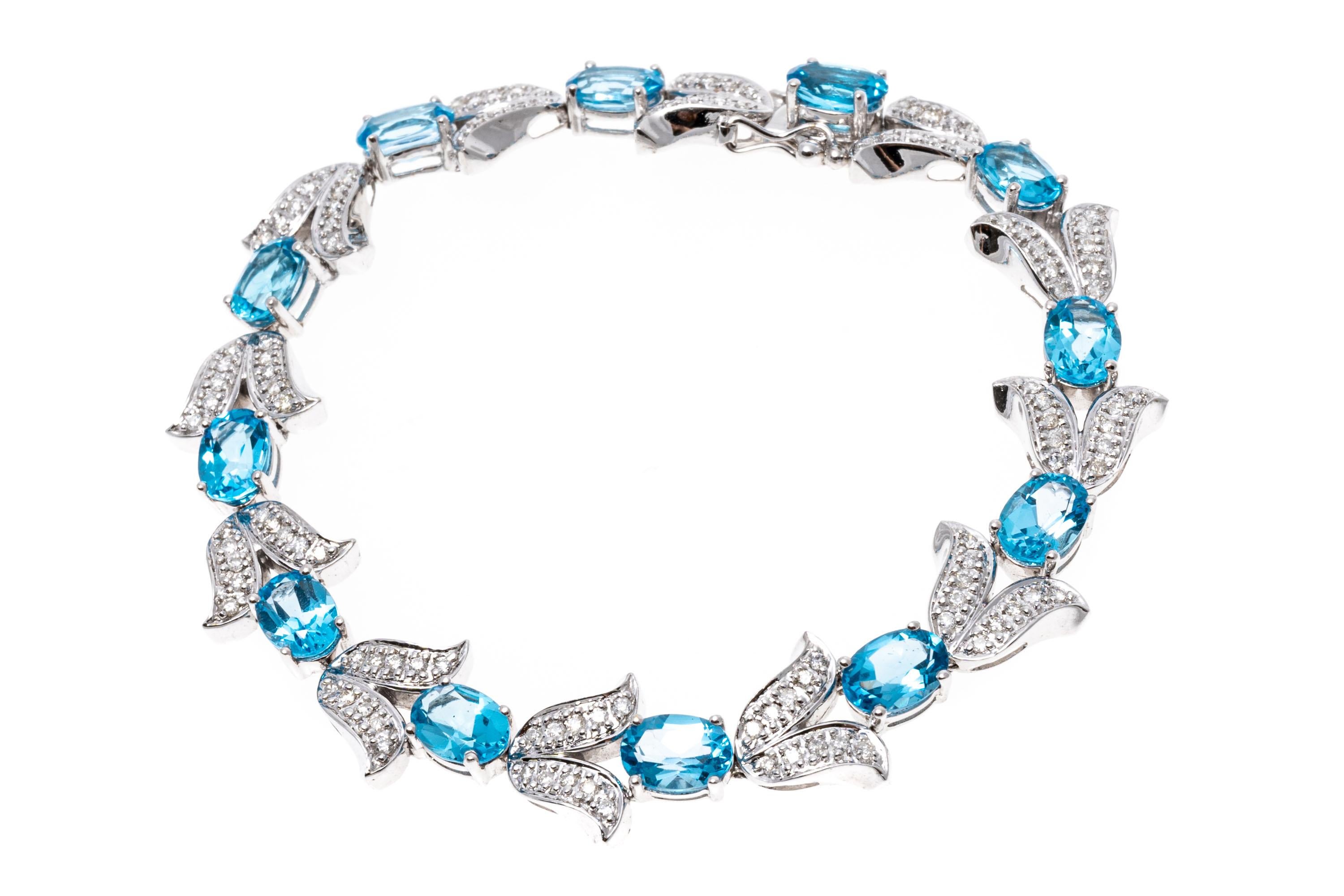 14k White Gold Diamond Set Tulip And Blue Topaz Link Bracelet For Sale 3