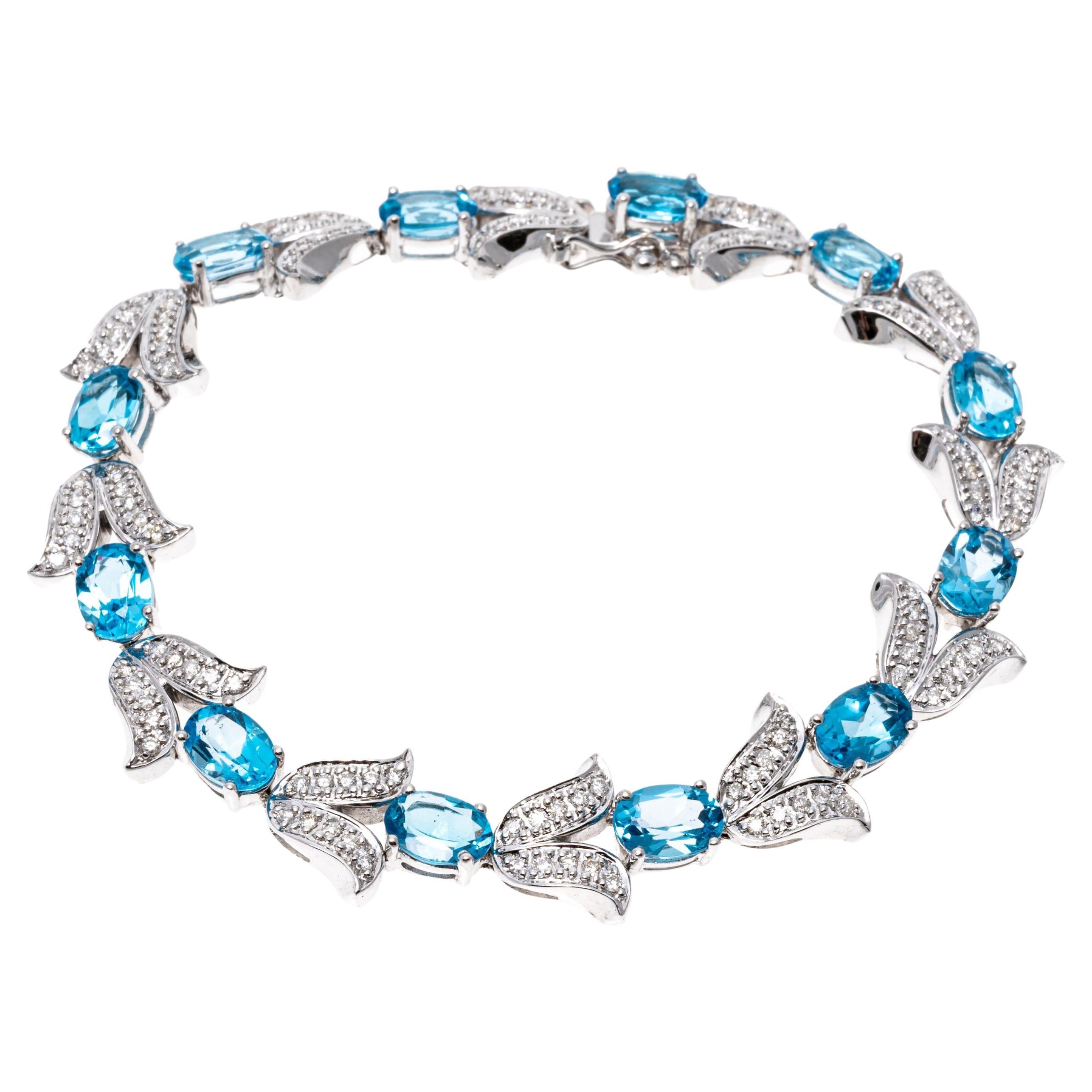 14k White Gold Diamond Set Tulip And Blue Topaz Link Bracelet