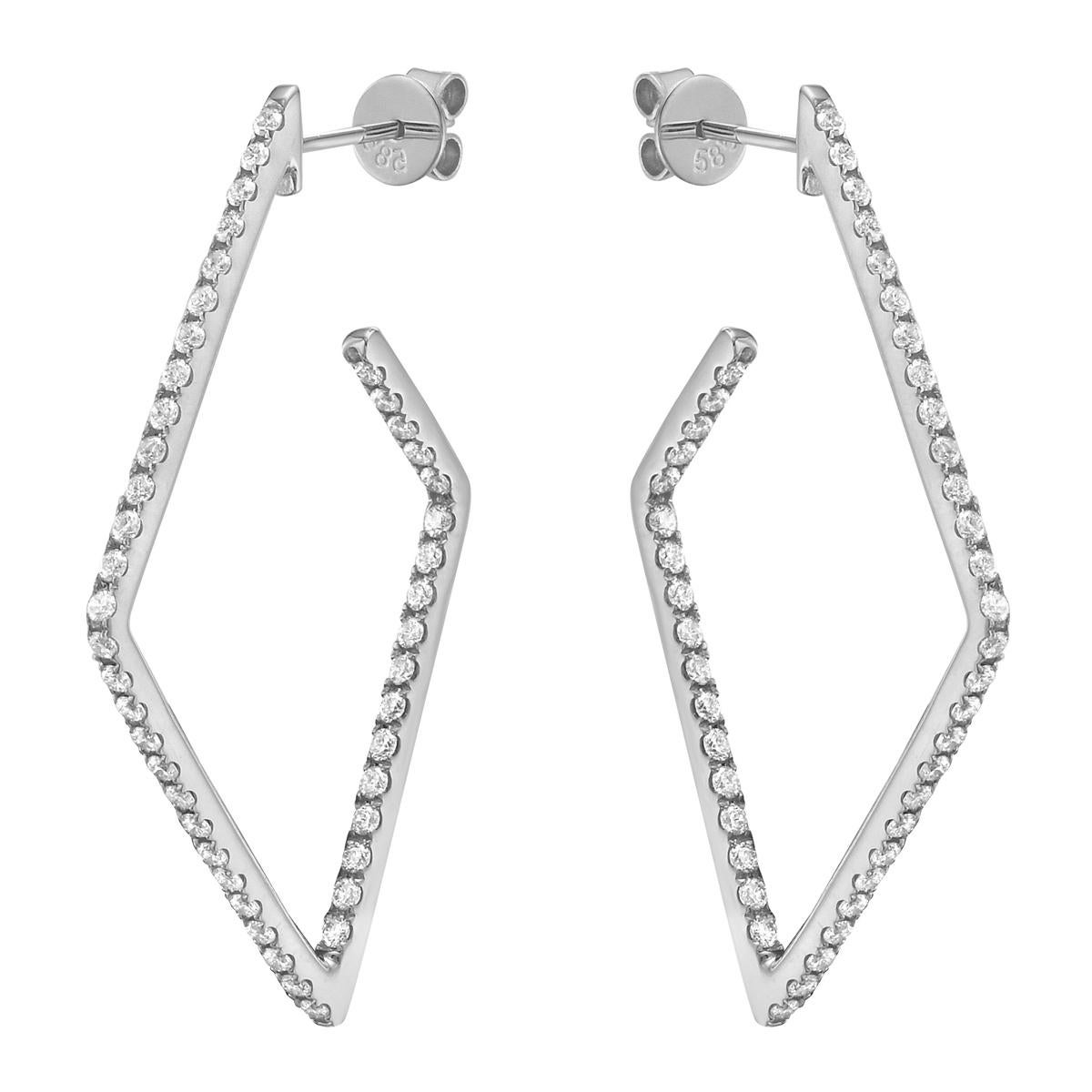 These 14K White Gold Diamond Shaped Hoop Earrings are a perfect blend of elegance and sparkle. Made from 3.5 grams of solid white gold, they are lightweight yet durable, ensuring comfort for all-day wear. Their unique diamond shape sets them apart