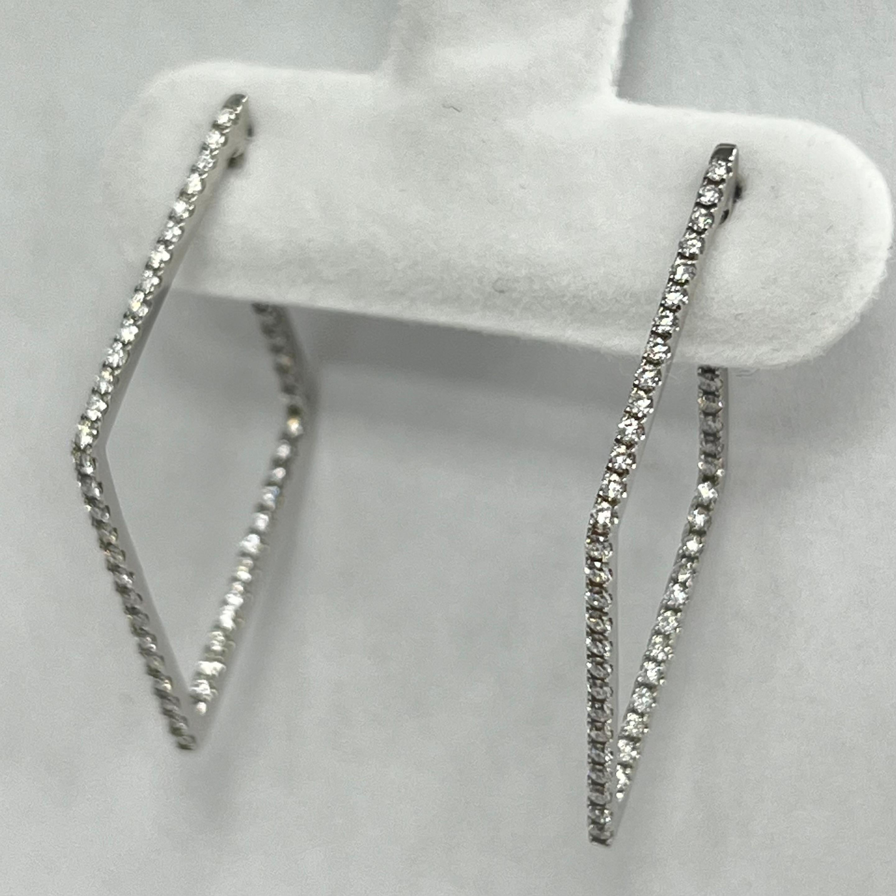 Modern 14K White Gold Diamond Shaped Hoop Earrings For Sale