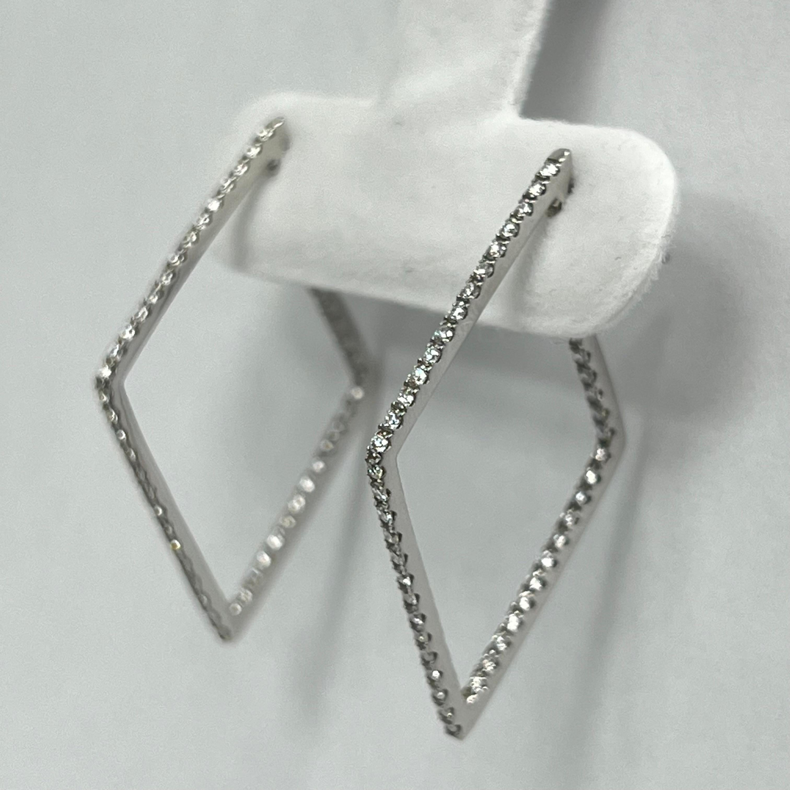 Brilliant Cut 14K White Gold Diamond Shaped Hoop Earrings For Sale