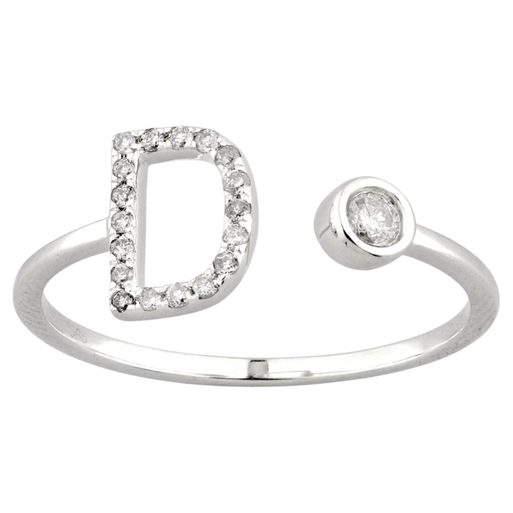 14K White Gold Diamond Shimmering Initial "D" open-cuff design Bypass Ring