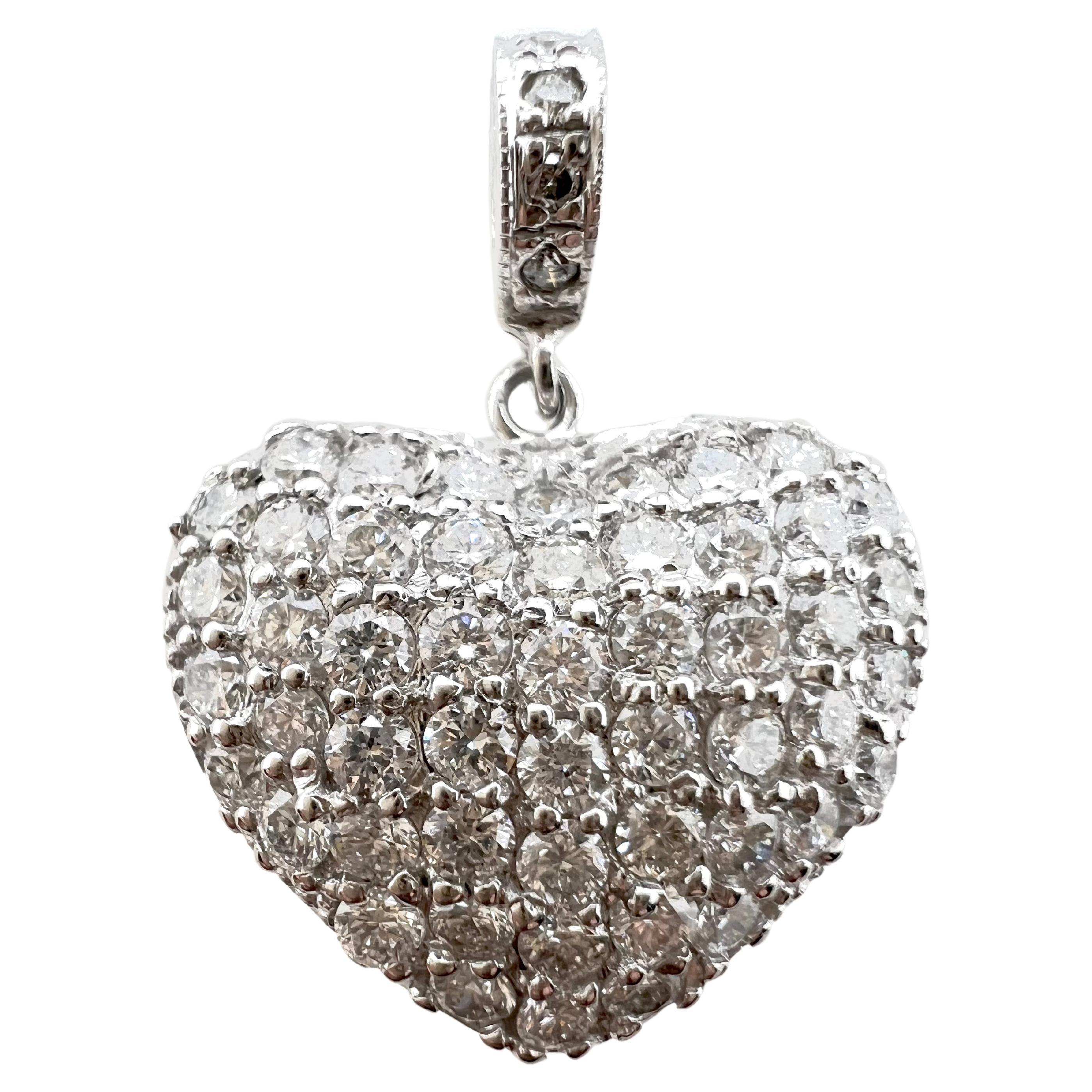14k White Gold Diamond Small Puff Heart Pendant For Sale