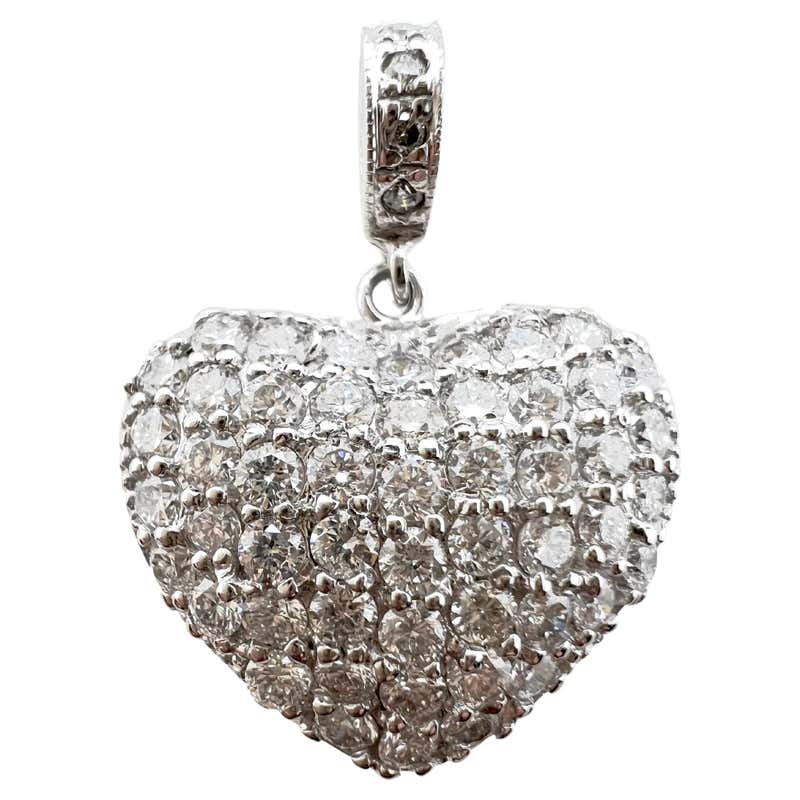 Diamond Puff Heart Necklace 1 Carat 14 Karat White Gold For Sale at 1stDibs