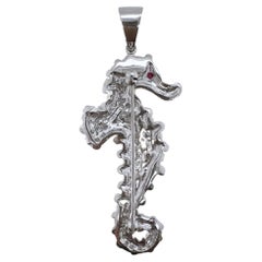 14k White Gold Diamond Small Seahorse Pendant / Brooch with Ruby