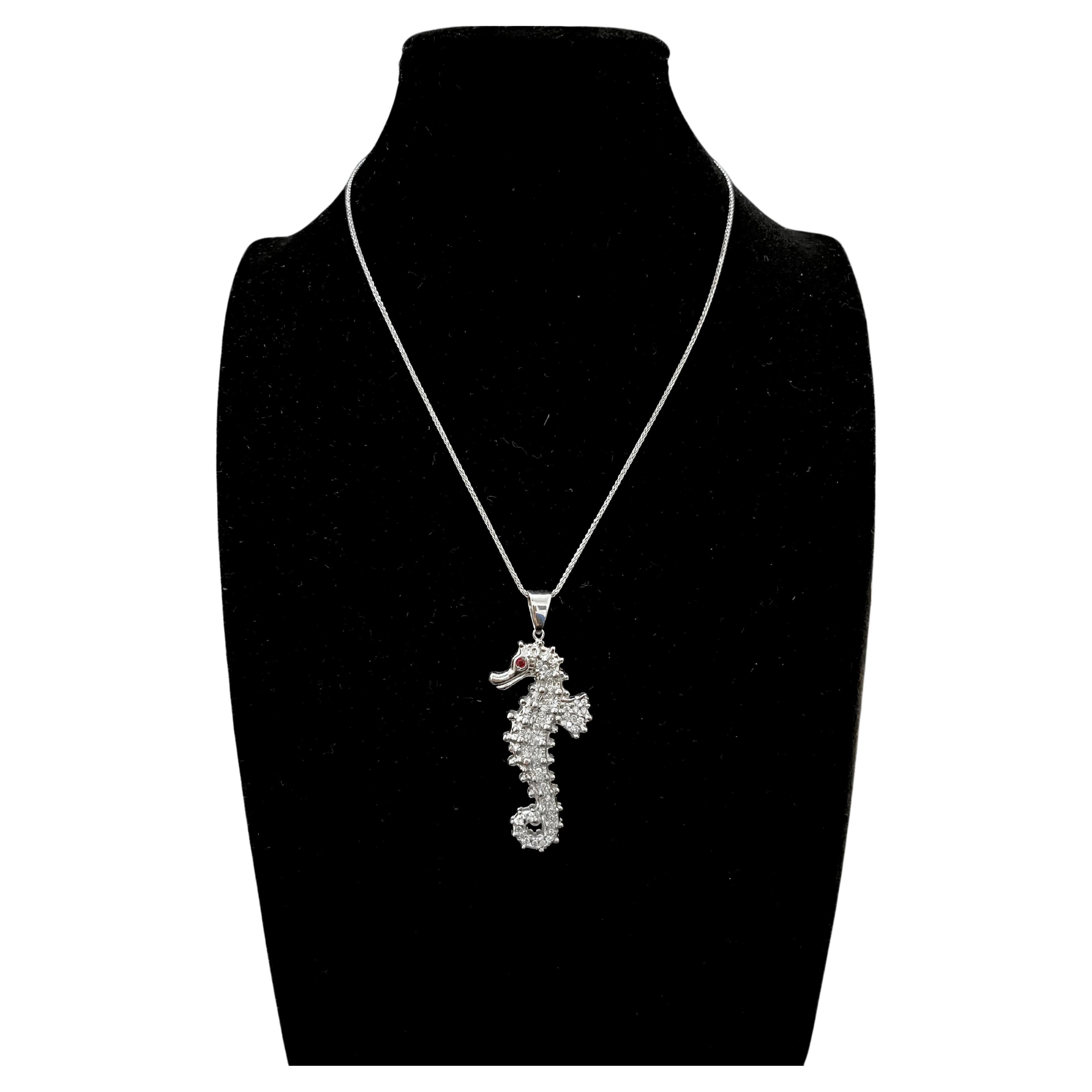 Round Cut 14k White Gold Diamond Small Seahorse Pendant / Brooch with Ruby For Sale