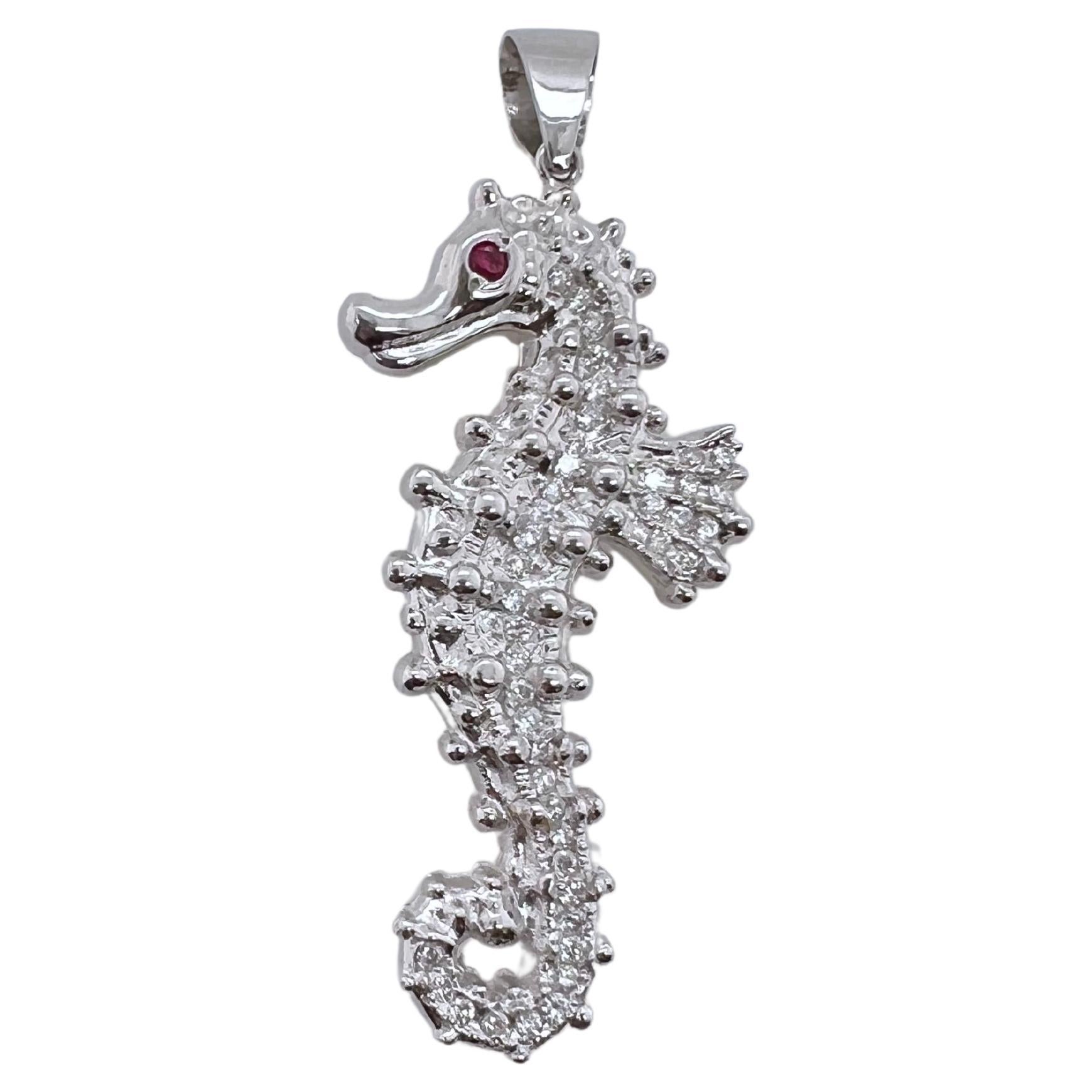 14k White Gold Diamond Small Seahorse Pendant / Brooch with Ruby For Sale