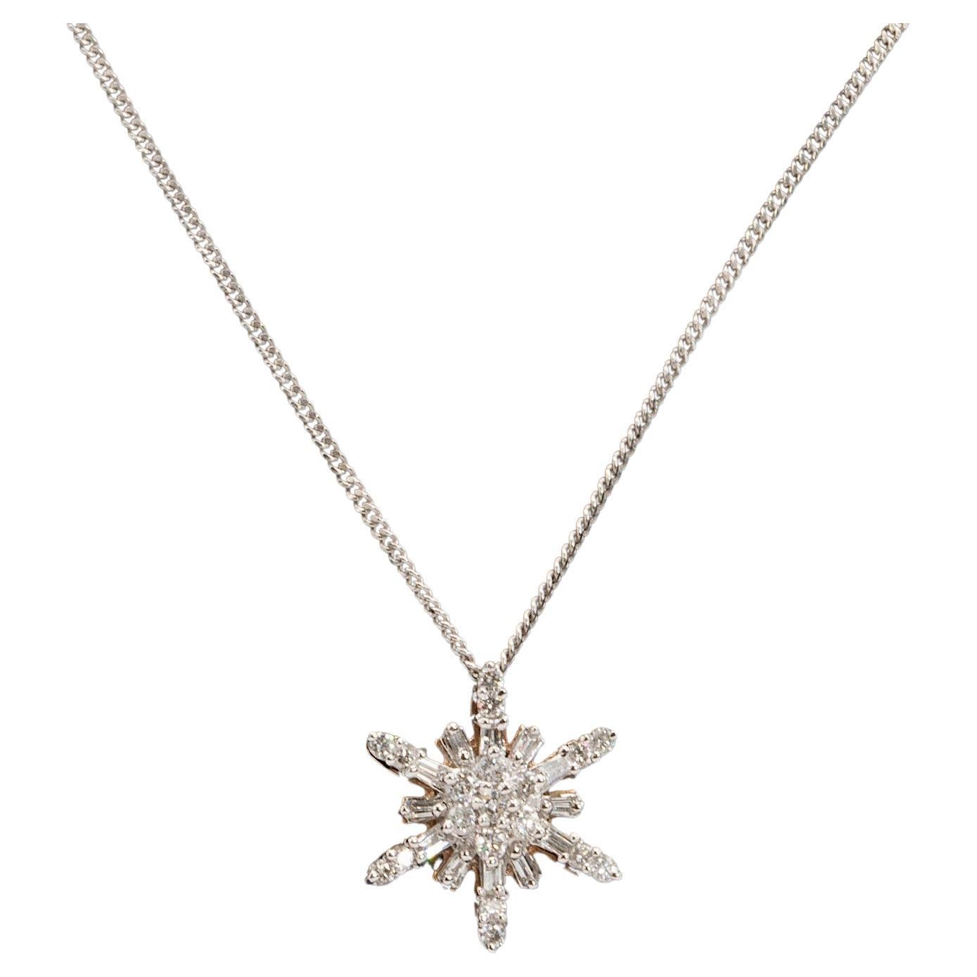 14k White Gold Diamond Snowflake Pendant Necklace