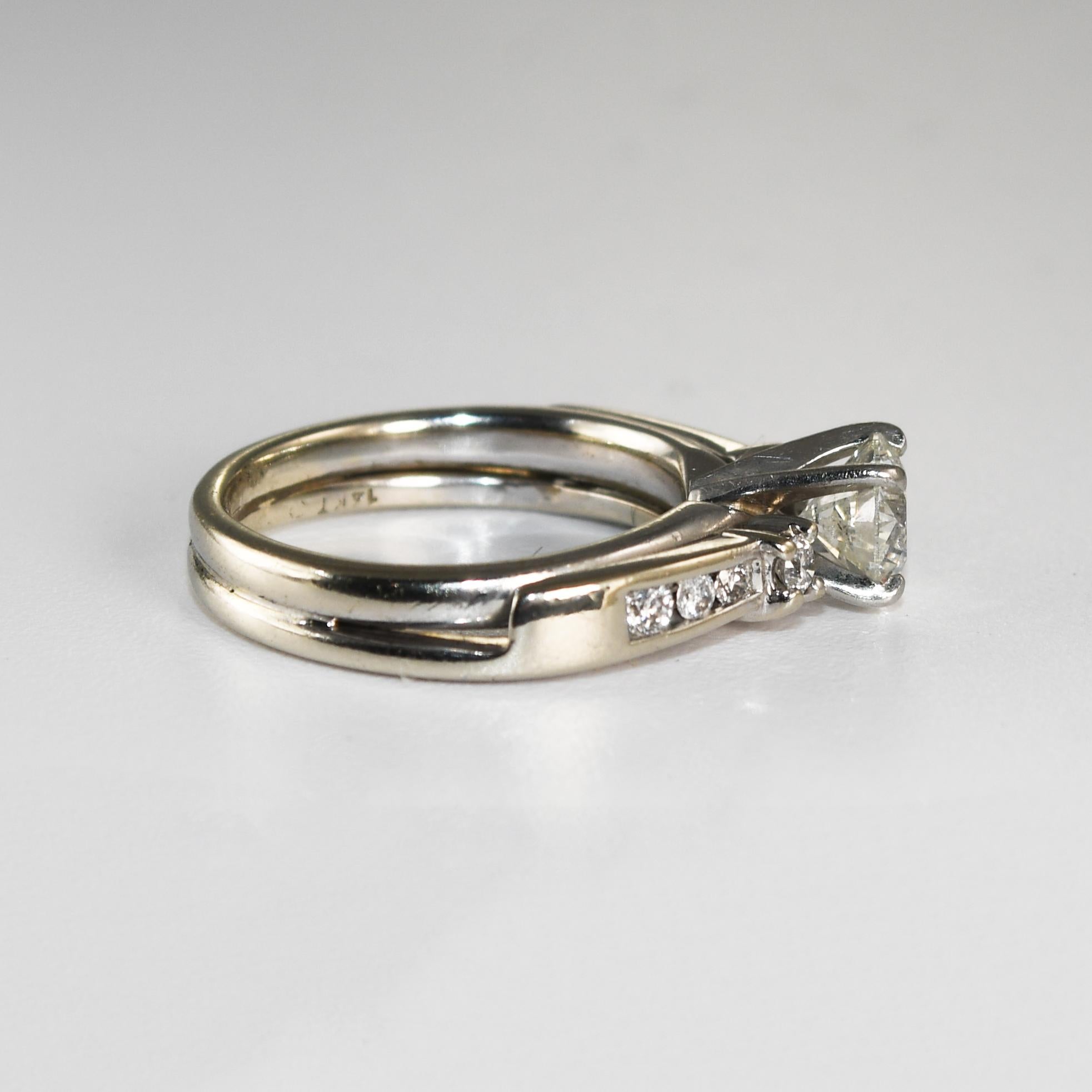 14 Karat Weißgold Diamant Solitär Ring & Band Set 0,85 Karat (Rundschliff) im Angebot