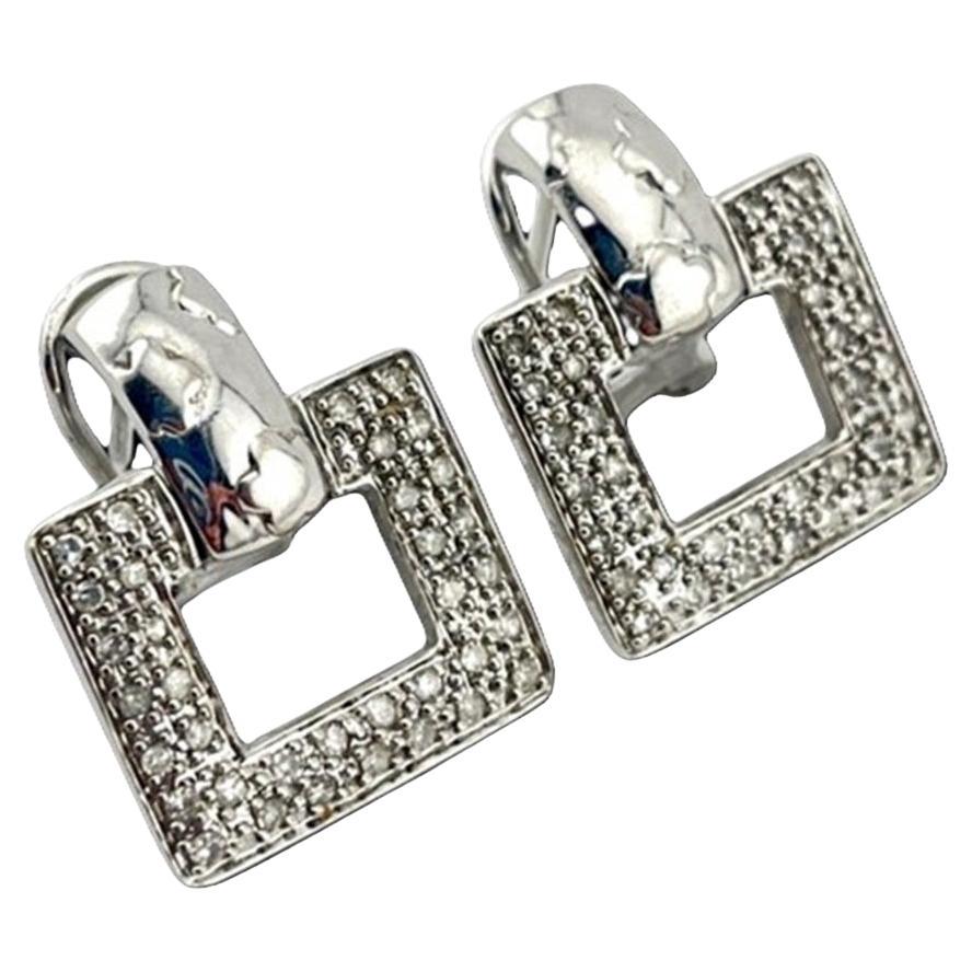 14k White Gold Diamond Square Door Knocker Earrings w/ Omega Backs-Maker's Mark