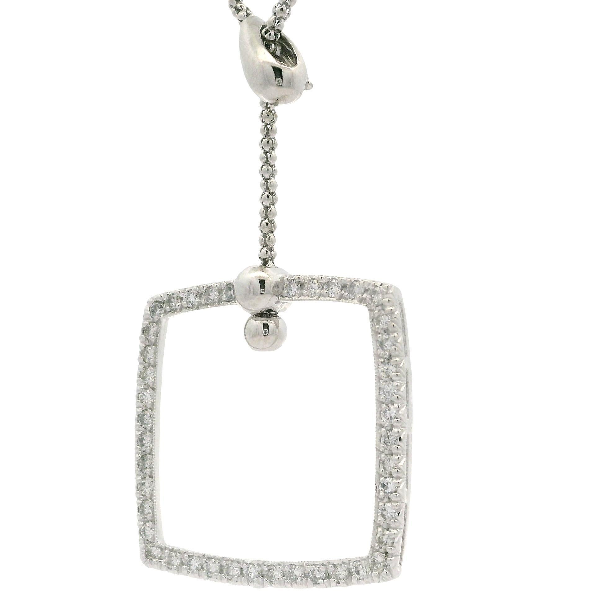 Collier Popcorn en or blanc 14k avec pendentif carré en diamant et goutte réglable Lariat en vente 7