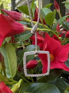 14k White Gold Diamond Square Pendant w/ Adjustable Drop Lariat Popcorn Necklace