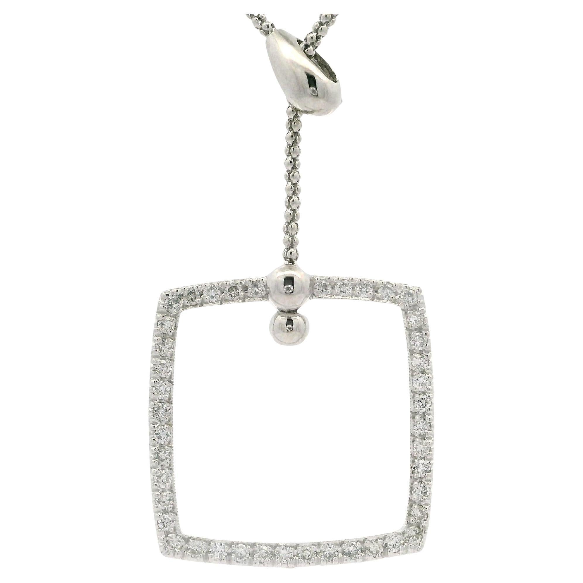 14k White Gold Diamond Square Pendant w/ Adjustable Drop Lariat Popcorn Necklace