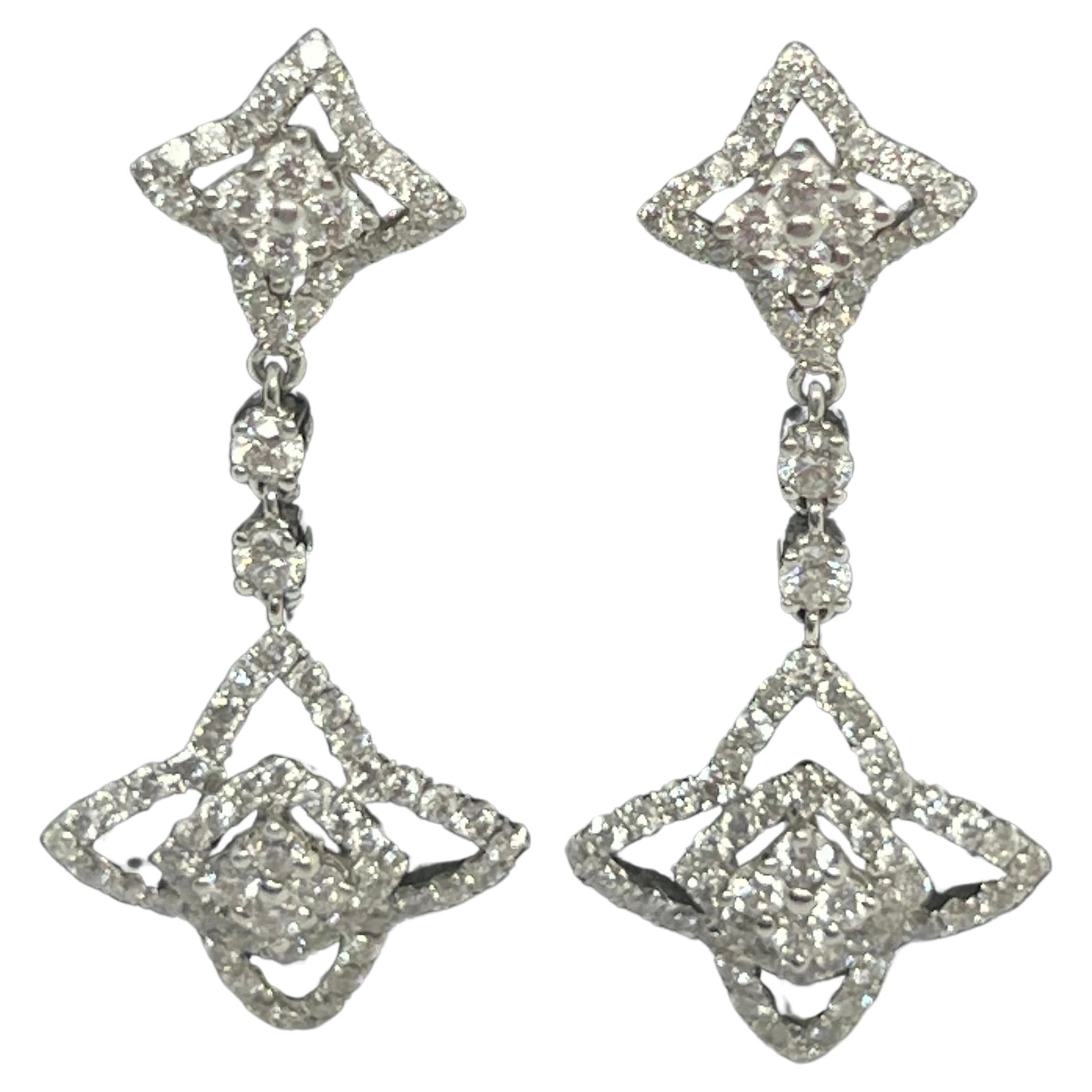 14k White Gold Diamond Star Dangle Drop Pave Earrings For Sale