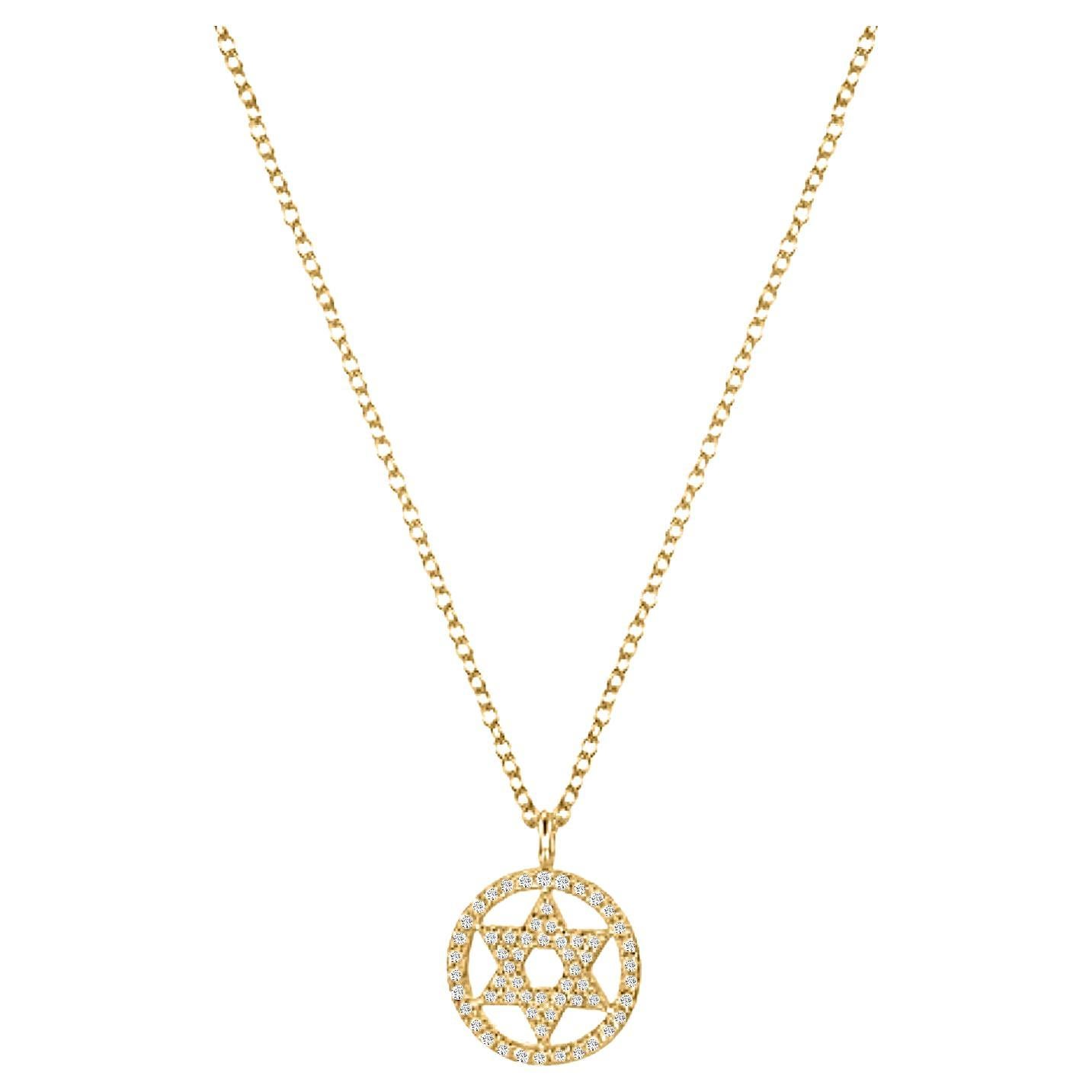 Star of David Circle 14K Yellow Gold Diamond Pendant Necklace