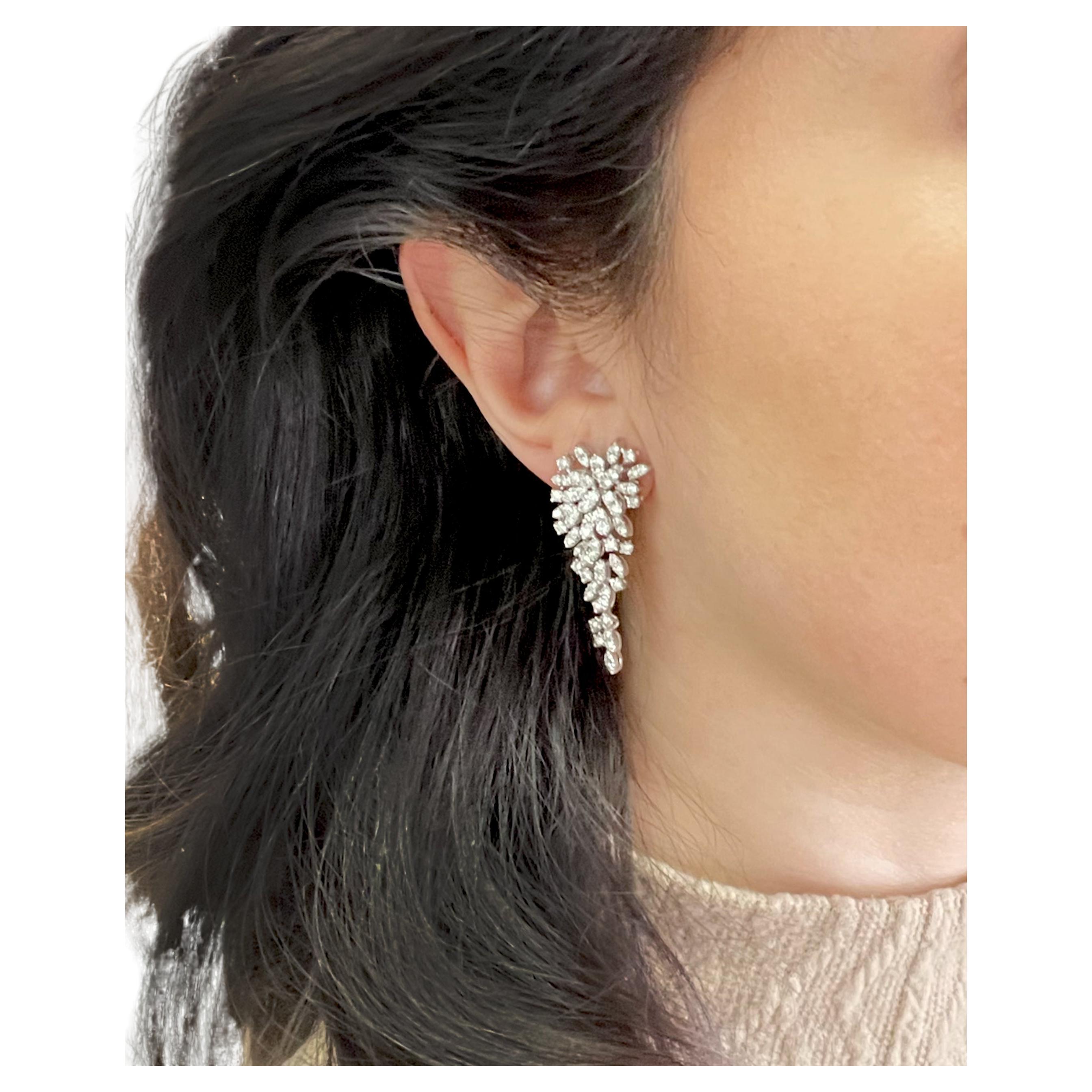 Round Cut 14K White Gold Diamond Statement Earrings For Sale