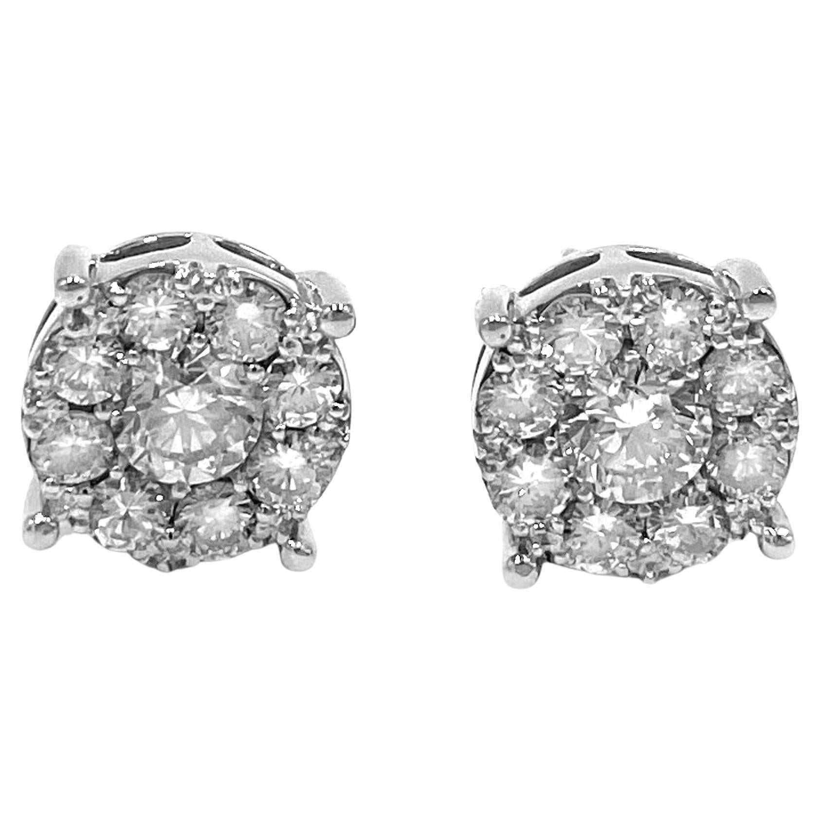 14K White Gold Diamond Stud Cluster Earrings