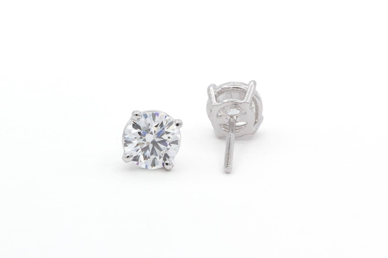 Round Cut 14K White Gold & Diamond Stud Earrings 1.80ctw Screw Backing For Sale