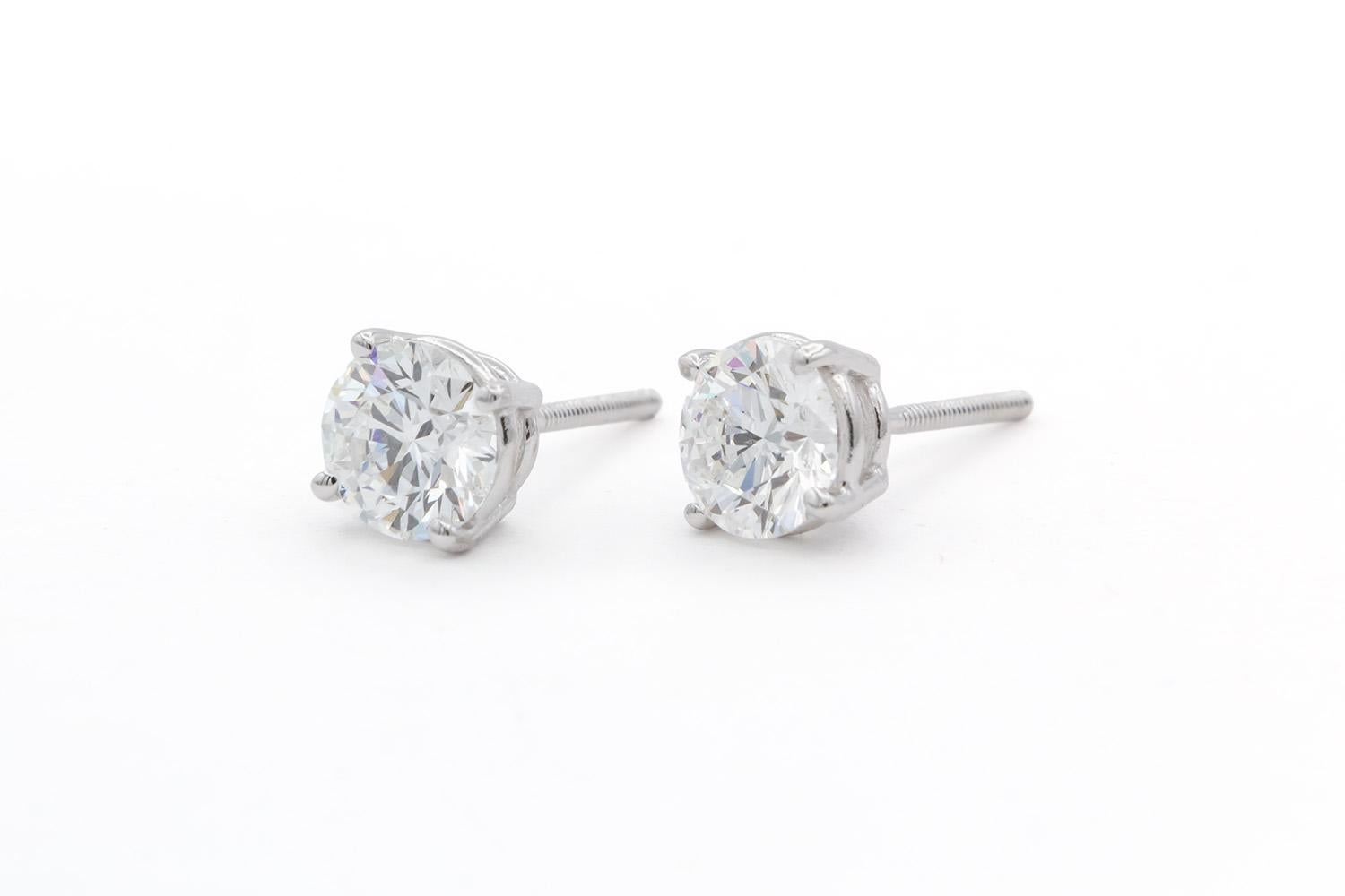 14K White Gold & Diamond Stud Earrings 1.80ctw Screw Backing In Excellent Condition For Sale In Tustin, CA