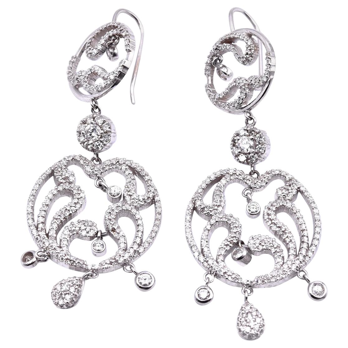 14 Karat White Gold Diamond Swirl Chandelier Style Drop Earrings