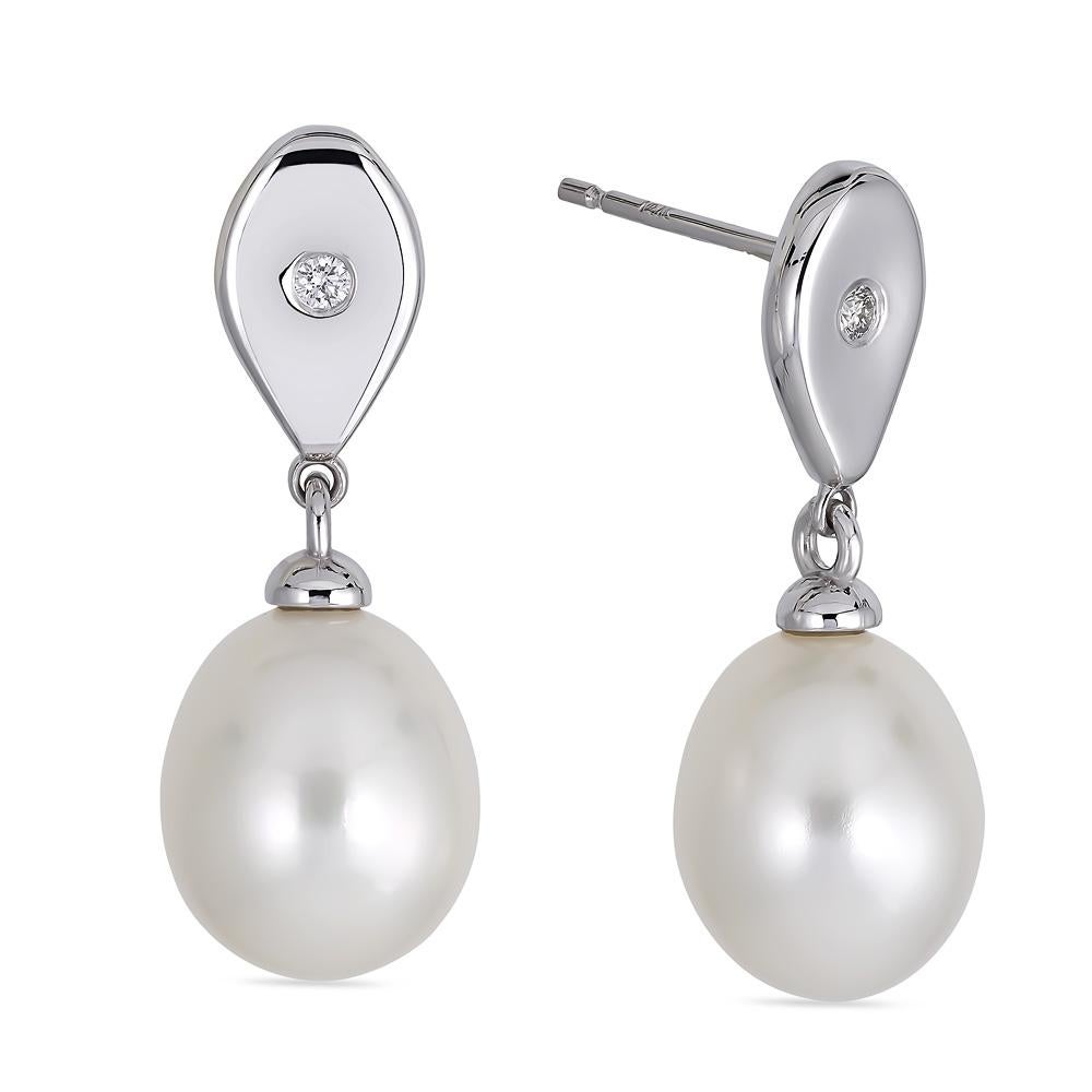 14K White Gold Diamond Teardrop and Pearl Earrings For Sale