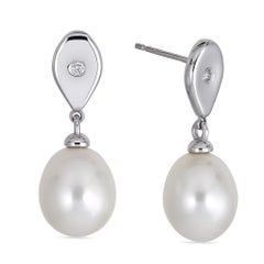 14K White Gold Diamond Teardrop and Pearl Earrings