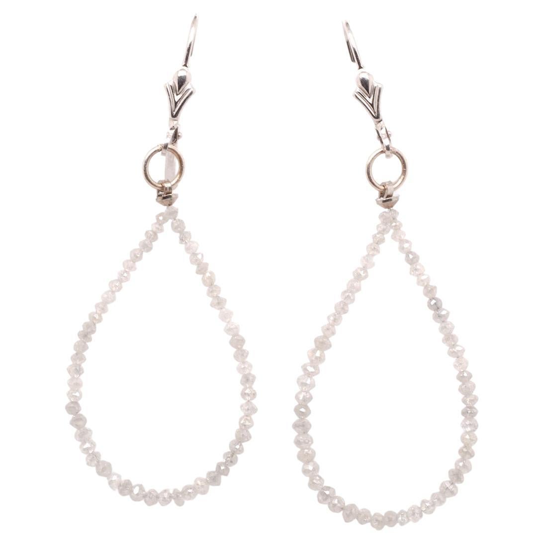 14K White Gold Diamond Teardrop Loop Earrings For Sale