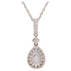 14k White Gold Diamond Teardrop Pendant Necklace Elegant Halo Design