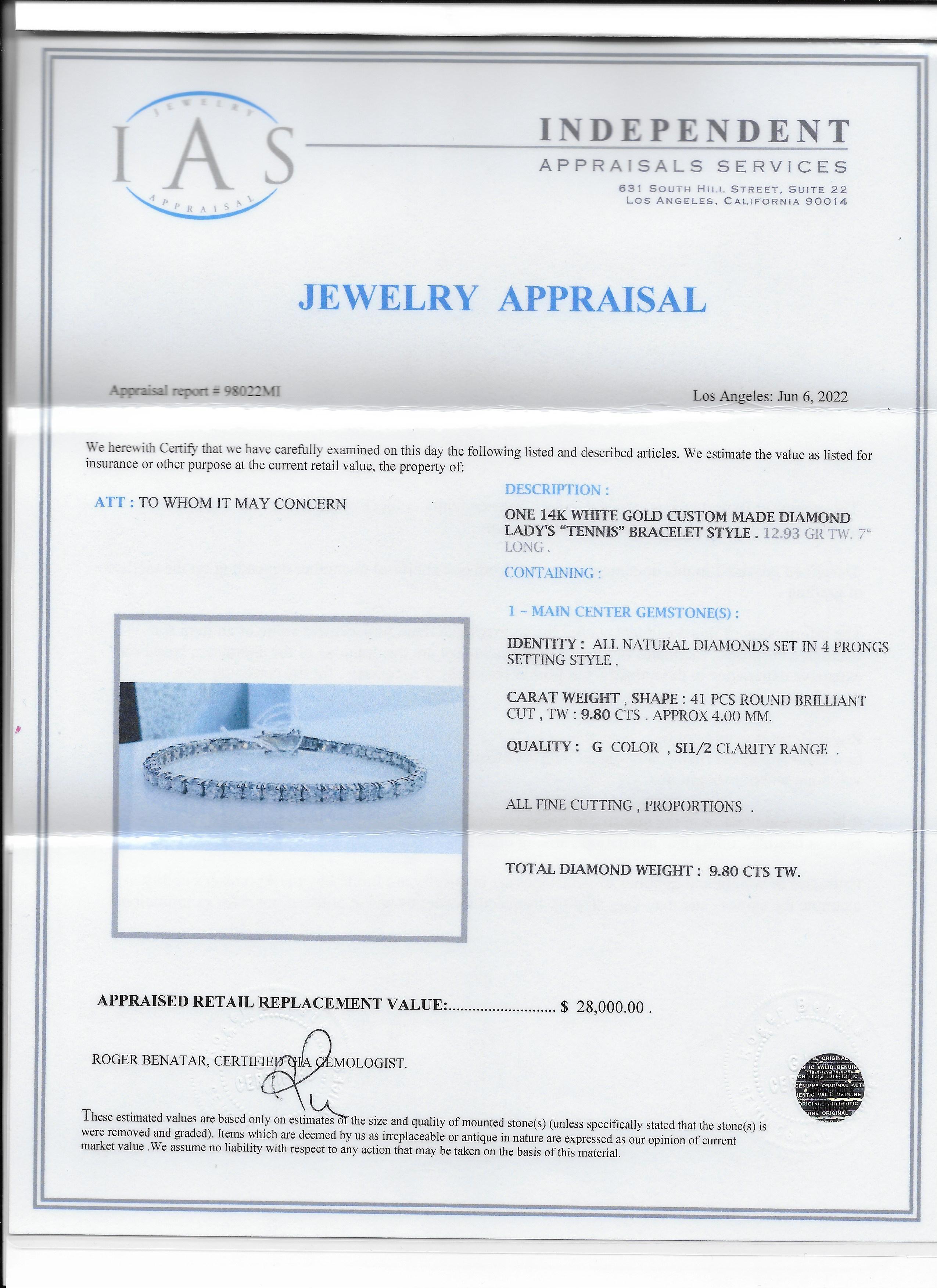 14k White Gold Diamond Tennis Bracelet Weighing 9.80 Ctw For Sale 1
