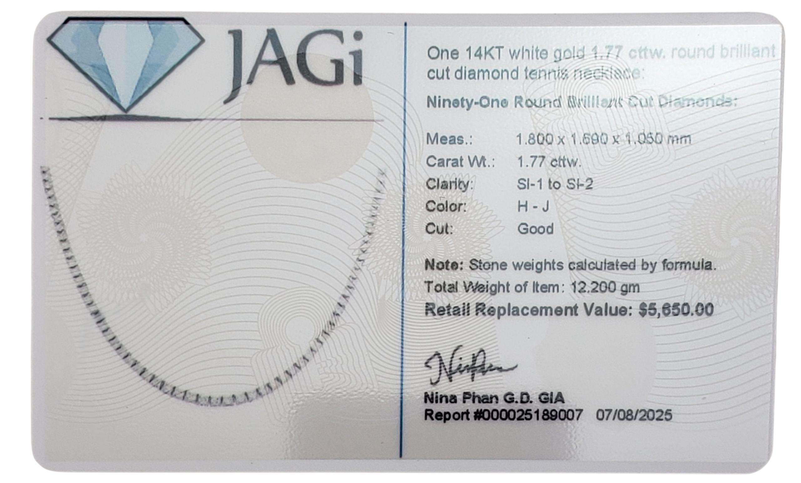 14K White Gold Diamond Tennis Necklace 1.77 TCW.  #22926 In Good Condition For Sale In Washington Depot, CT