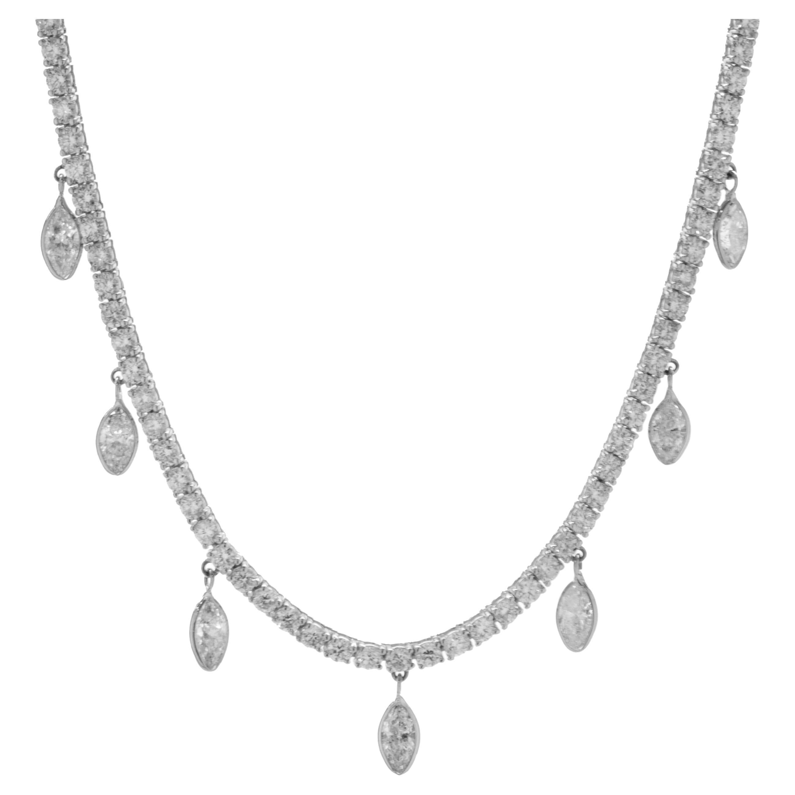 14k White Gold Diamond Tennis Necklace with Bezel Set Marquise Diamond Drops