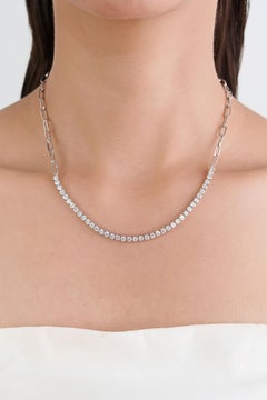 14K White Gold Diamond Tennis Paperclip Chain Necklace, 4.44 Carats Fine Jewelry
