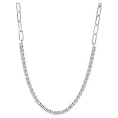 14K White Gold Diamond Tennis Paperclip Chain Necklace, 4.44 Carats Fine Jewelry