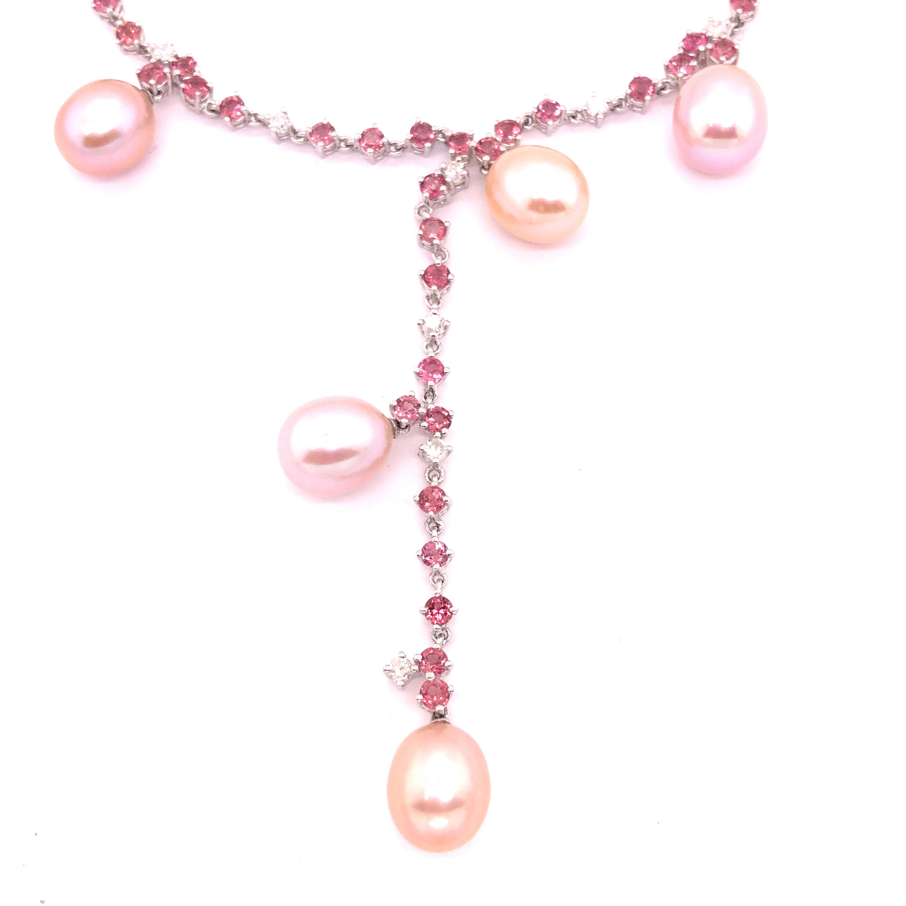 A 14K White Gold Diamond Tourmaline Cultured Pearl Adjustable Necklace. Diamond weight ~ .84 carat